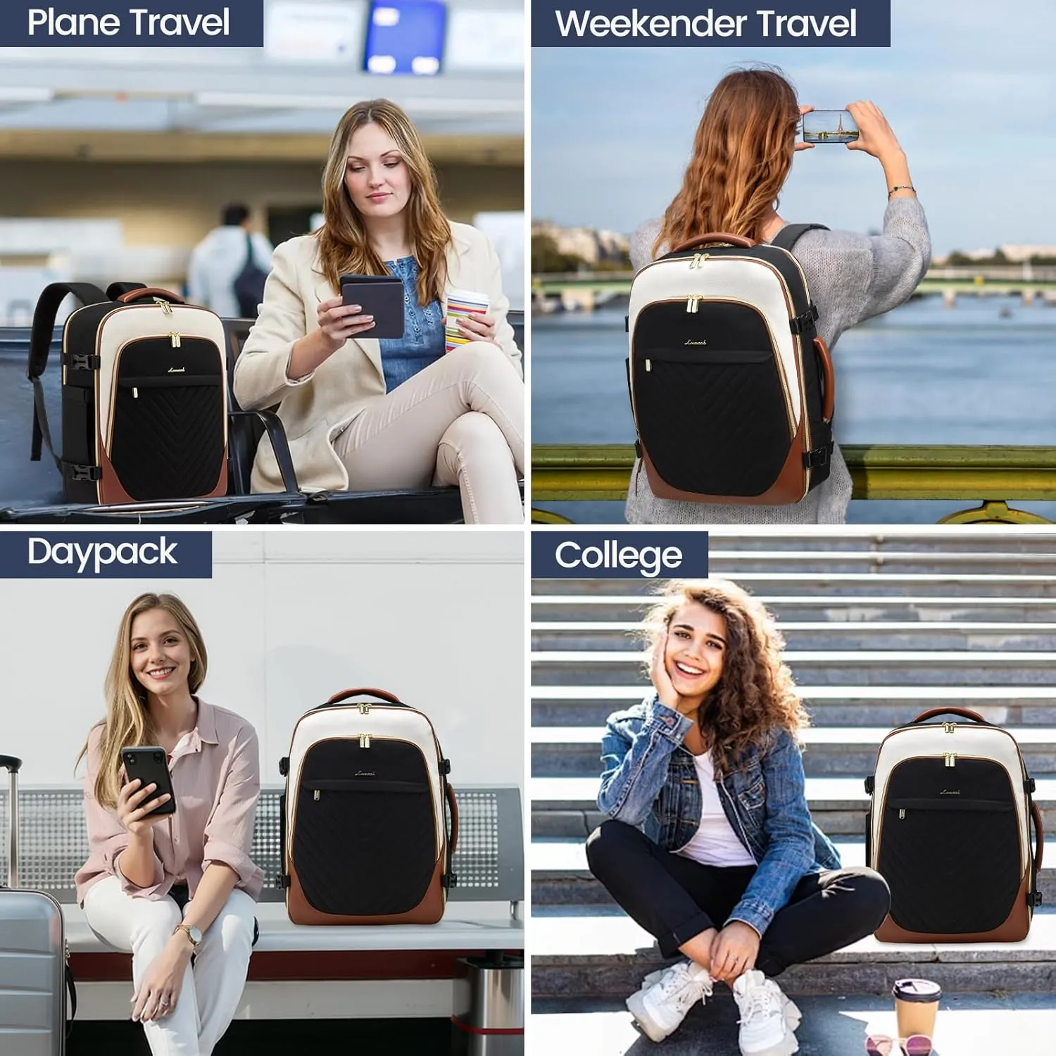 LOVEVOOK Travel Backpack for Women, TSA Approved Carry On Backpack with 3 Packing Cubes, Personal Item Backpack Fits 17 Inch Laptop, Weekender Water-resistant Daypack, Black-beige-brown