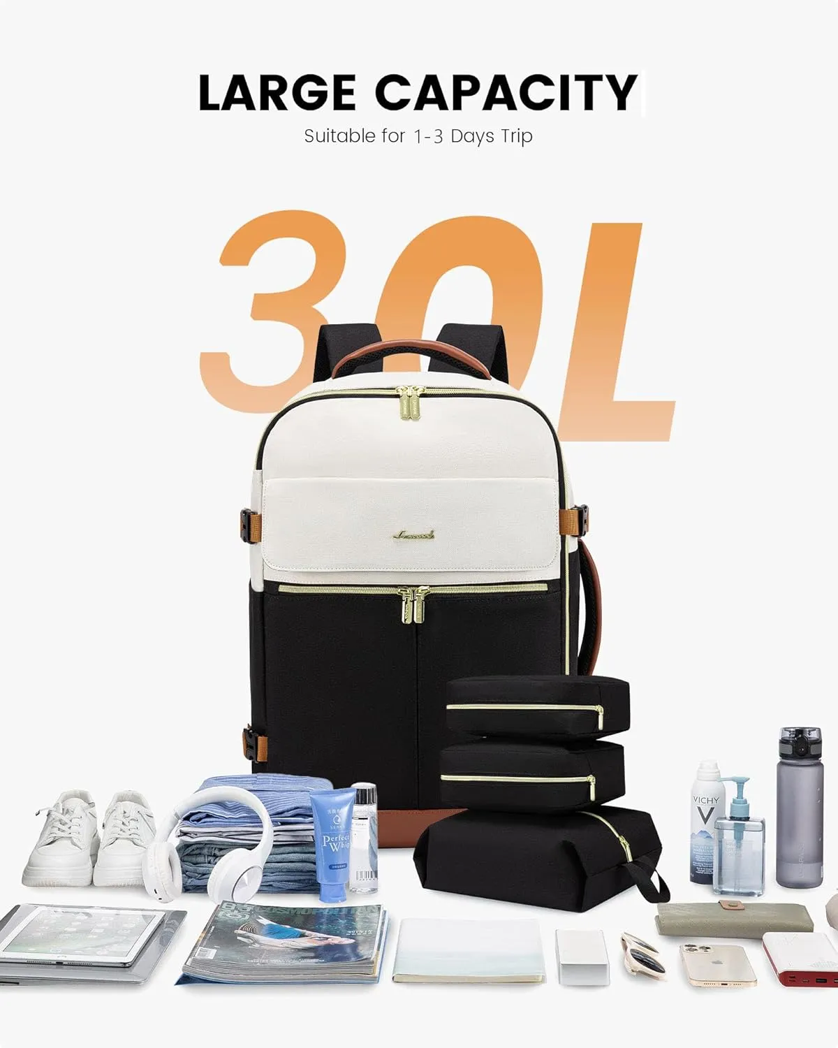 LOVEVOOK Travel Backpack for Women, TSA Carry On Backpack Flight Approved Luggage, 30L Water Resistant Personal Item Daypack Large Weekender Bag fit 15.6 inch Laptop with 3 Cubes, Beige-black-brown