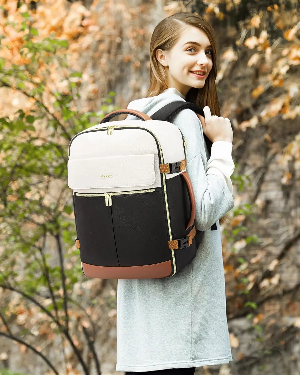 LOVEVOOK Travel Backpack for Women, TSA Carry On Backpack Flight Approved Luggage, 30L Water Resistant Personal Item Daypack Large Weekender Bag fit 15.6 inch Laptop with 3 Cubes, Beige-black-brown