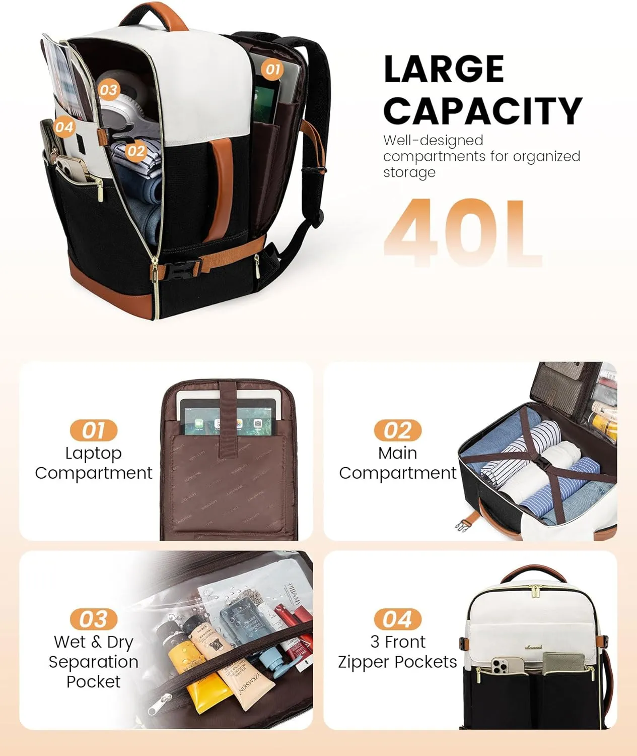 LOVEVOOK Travel Backpack for Women, TSA Carry On Backpack Flight Approved Luggage, 40L Water Resistant Personal Item Daypack Large Weekender Bag fit 17 inch Laptop with 3 Cubes, Beige-black-brown