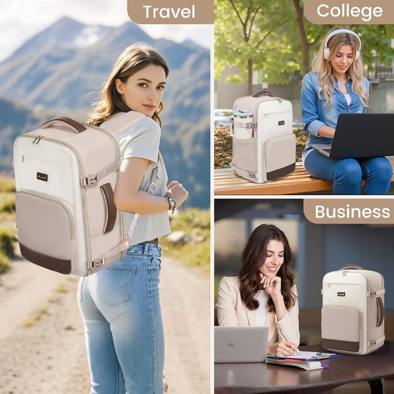 LOVEVOOK Travel Backpack for Women,40L Carry On Backpack Flight Approved,TSA Personal Item Travel Bag Fits 17.3" Laptop with 3 Packing Cubes,Large Waterproof Daypack，Beige and nude and coffee