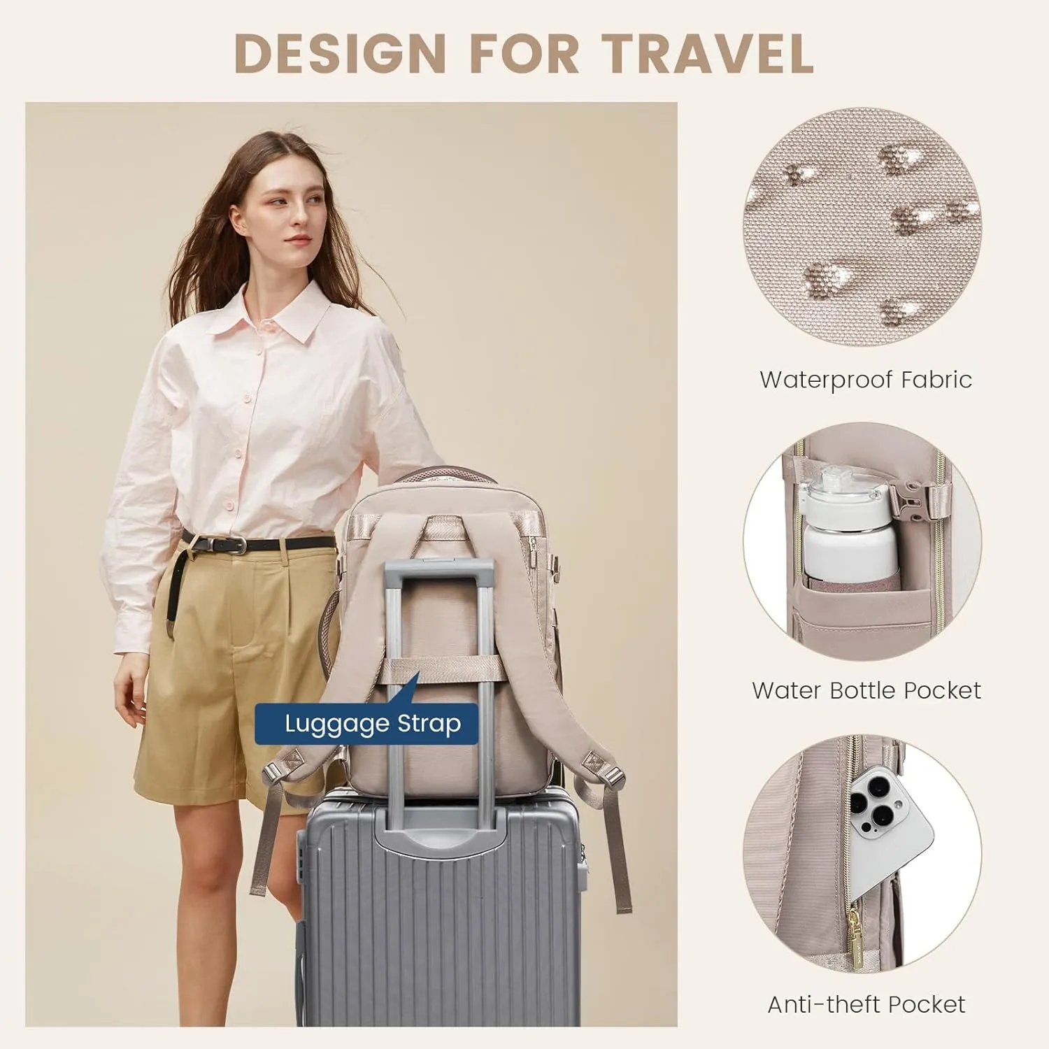 LOVEVOOK Travel Backpack for Women,40L Carry On Backpack Flight Approved,TSA Personal Item Travel Bag Fits 17.3" Laptop with 3 Packing Cubes,Large Waterproof Daypack，Beige and nude and coffee