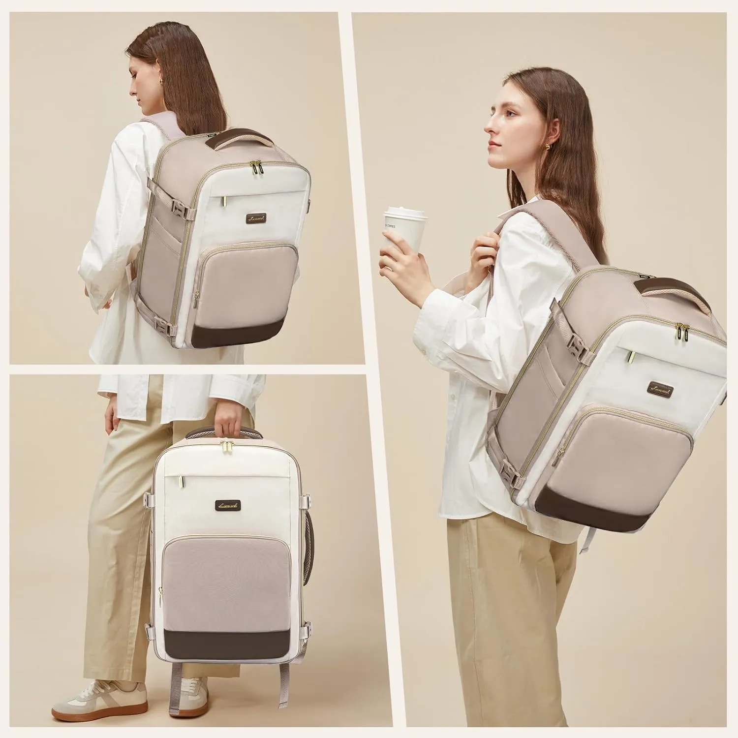 LOVEVOOK Travel Backpack for Women,40L Carry On Backpack Flight Approved,TSA Personal Item Travel Bag Fits 17.3" Laptop with 3 Packing Cubes,Large Waterproof Daypack，Beige and nude and coffee