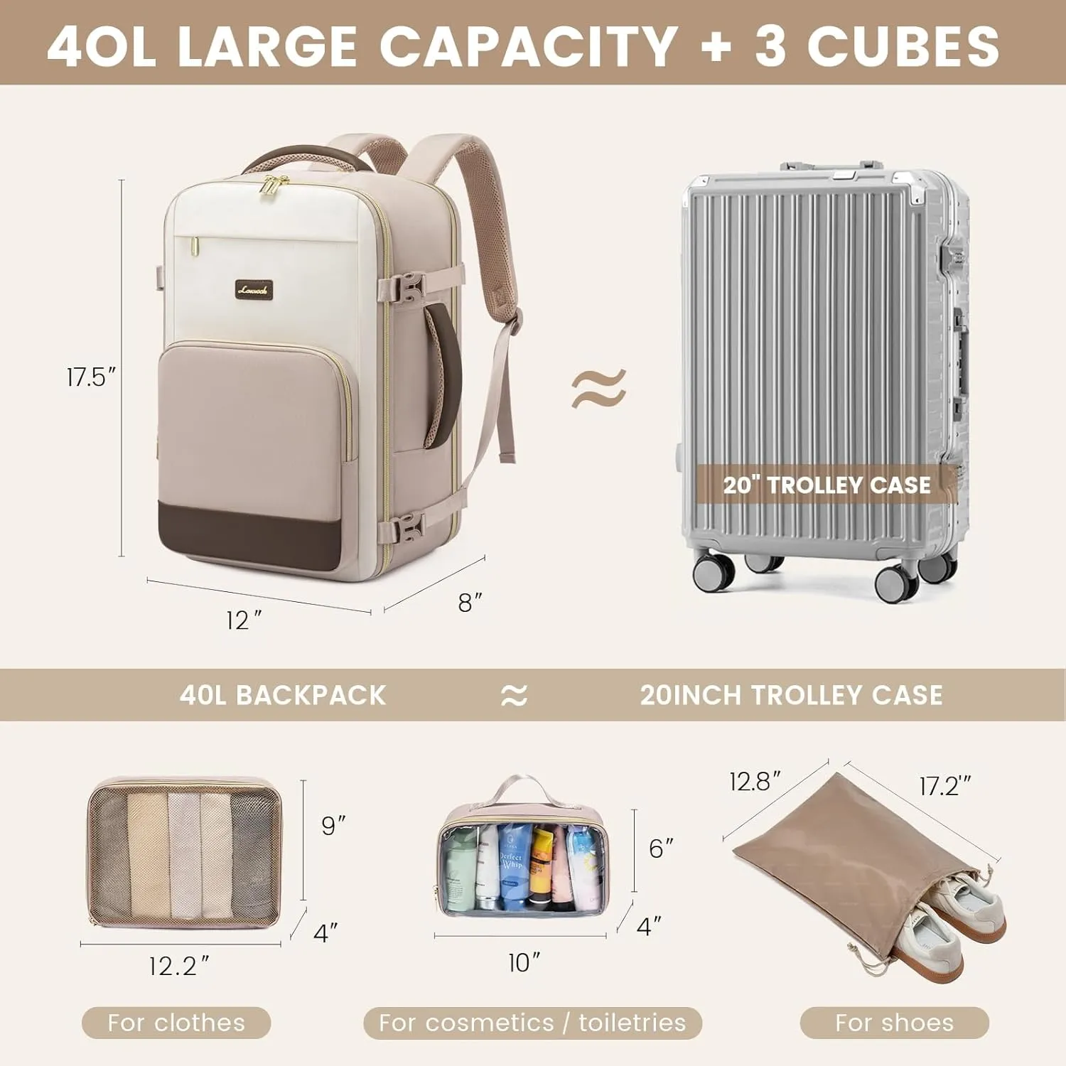 LOVEVOOK Travel Backpack for Women,40L Carry On Backpack Flight Approved,TSA Personal Item Travel Bag Fits 17.3" Laptop with 3 Packing Cubes,Large Waterproof Daypack，Beige and nude and coffee