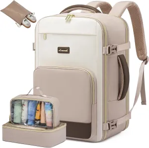 LOVEVOOK Travel Backpack for Women,40L Carry On Backpack Flight Approved,TSA Personal Item Travel Bag Fits 17.3" Laptop with 3 Packing Cubes,Large Waterproof Daypack，Beige and nude and coffee