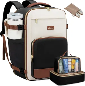 LOVEVOOK Travel Backpack for Women,50L Carry On Backpack Flight Approved,TSA Personal Item Travel Bag Fits 18" Laptop with 3 Packing Cubes,Large Waterproof Weekender Daypack,Beige and black and brown