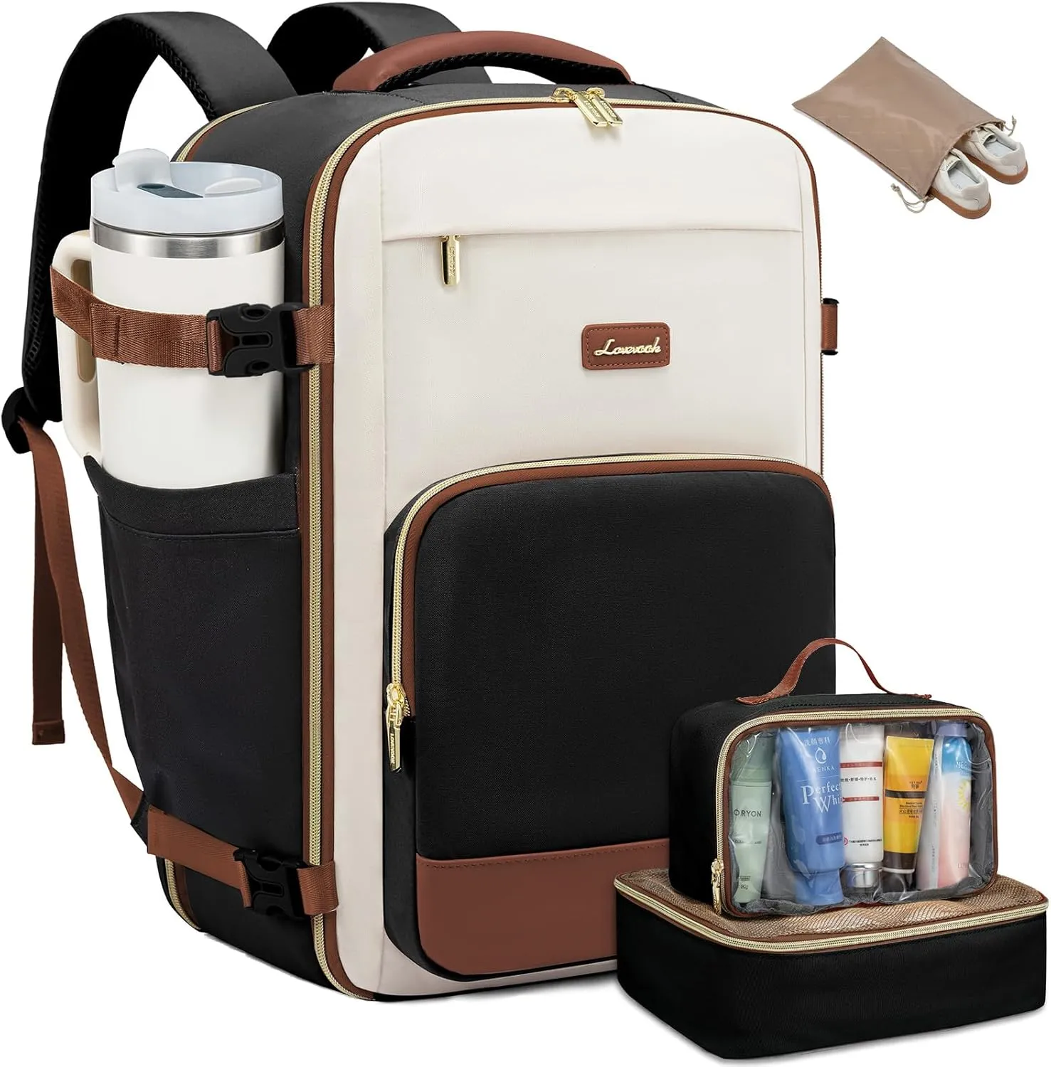 LOVEVOOK Travel Backpack for Women,50L Carry On Backpack Flight Approved,TSA Personal Item Travel Bag Fits 18" Laptop with 3 Packing Cubes,Large Waterproof Weekender Daypack,Beige and black and brown