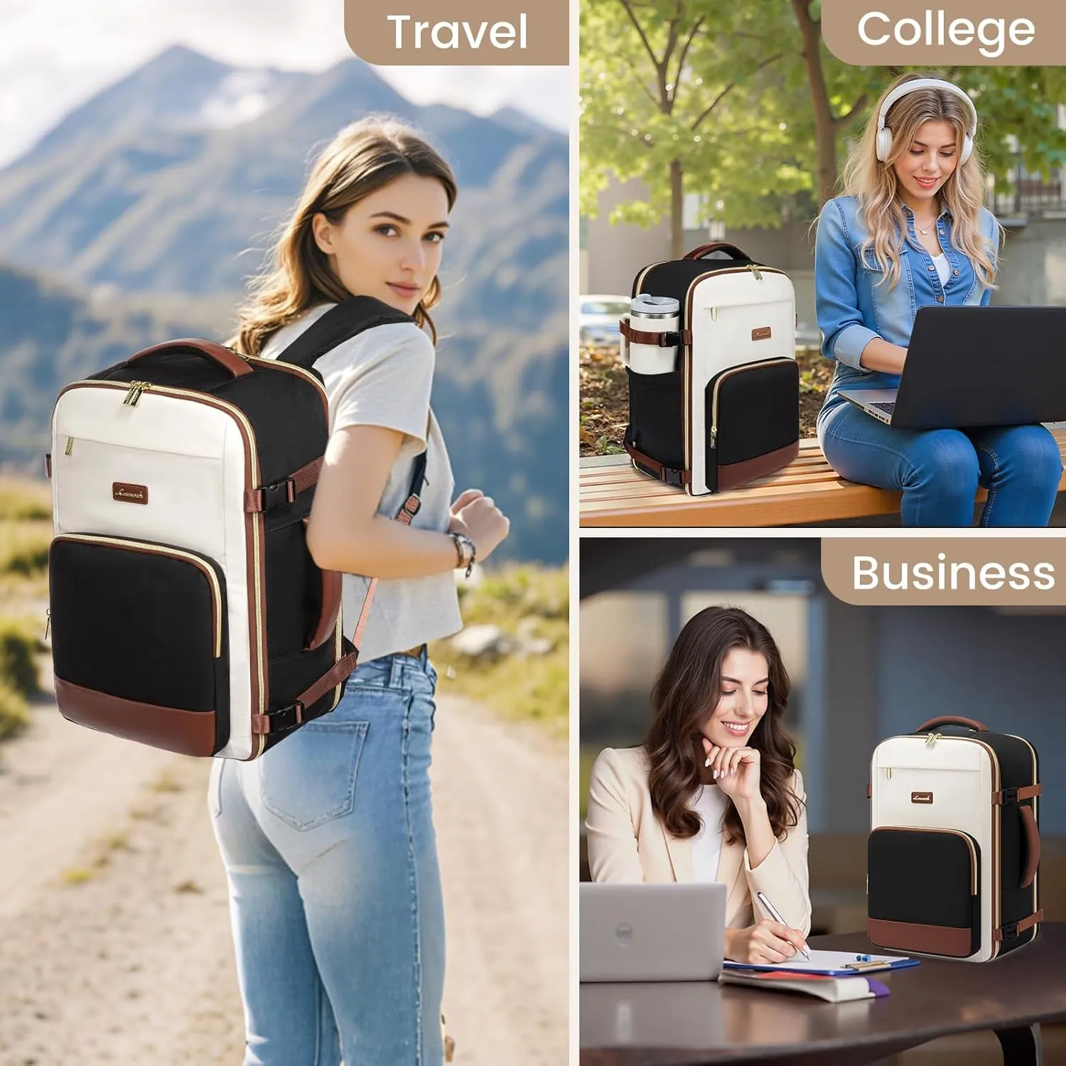 LOVEVOOK Travel Backpack for Women,50L Carry On Backpack Flight Approved,TSA Personal Item Travel Bag Fits 18" Laptop with 3 Packing Cubes,Large Waterproof Weekender Daypack,Beige and black and brown