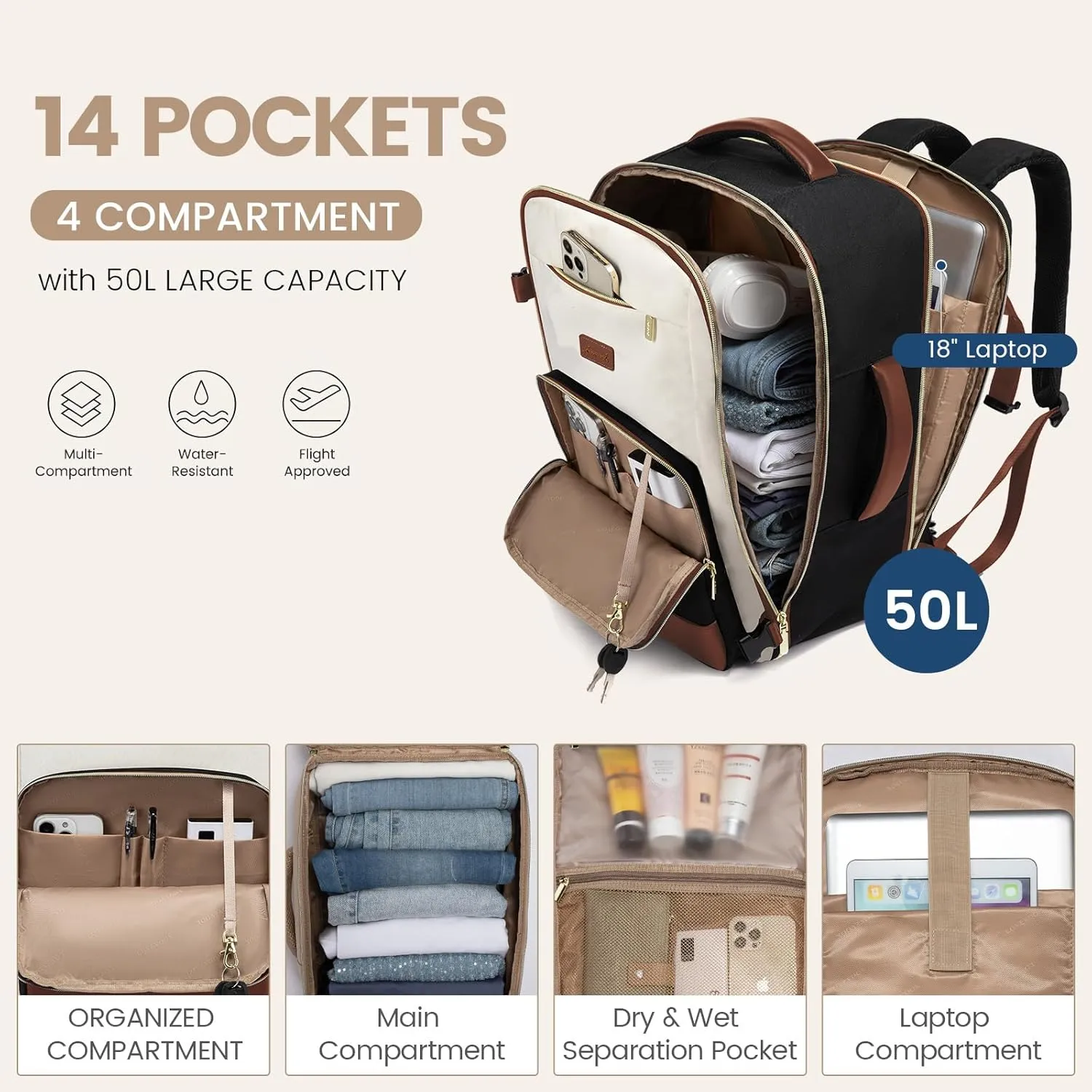 LOVEVOOK Travel Backpack for Women,50L Carry On Backpack Flight Approved,TSA Personal Item Travel Bag Fits 18" Laptop with 3 Packing Cubes,Large Waterproof Weekender Daypack,Beige and black and brown