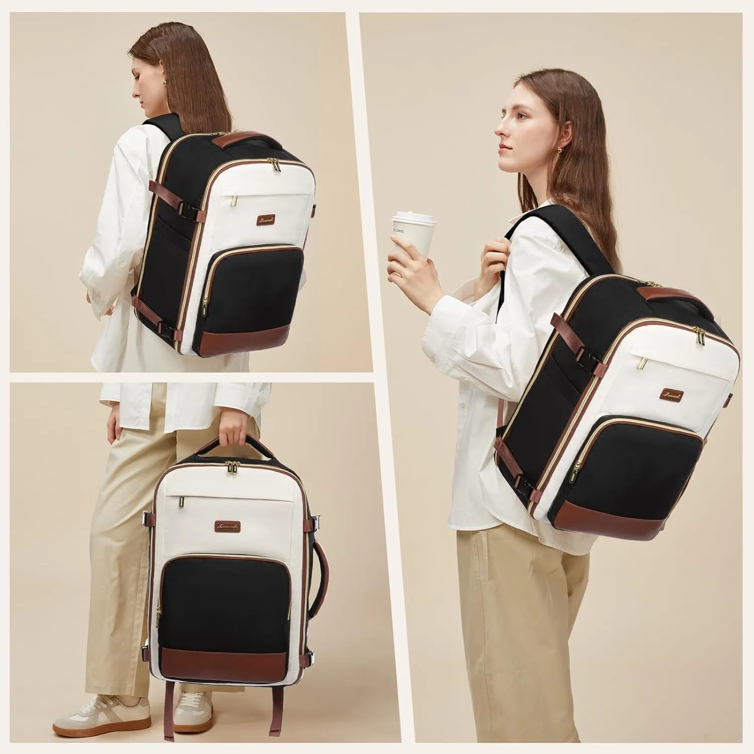 LOVEVOOK Travel Backpack for Women,50L Carry On Backpack Flight Approved,TSA Personal Item Travel Bag Fits 18" Laptop with 3 Packing Cubes,Large Waterproof Weekender Daypack,Beige and black and brown