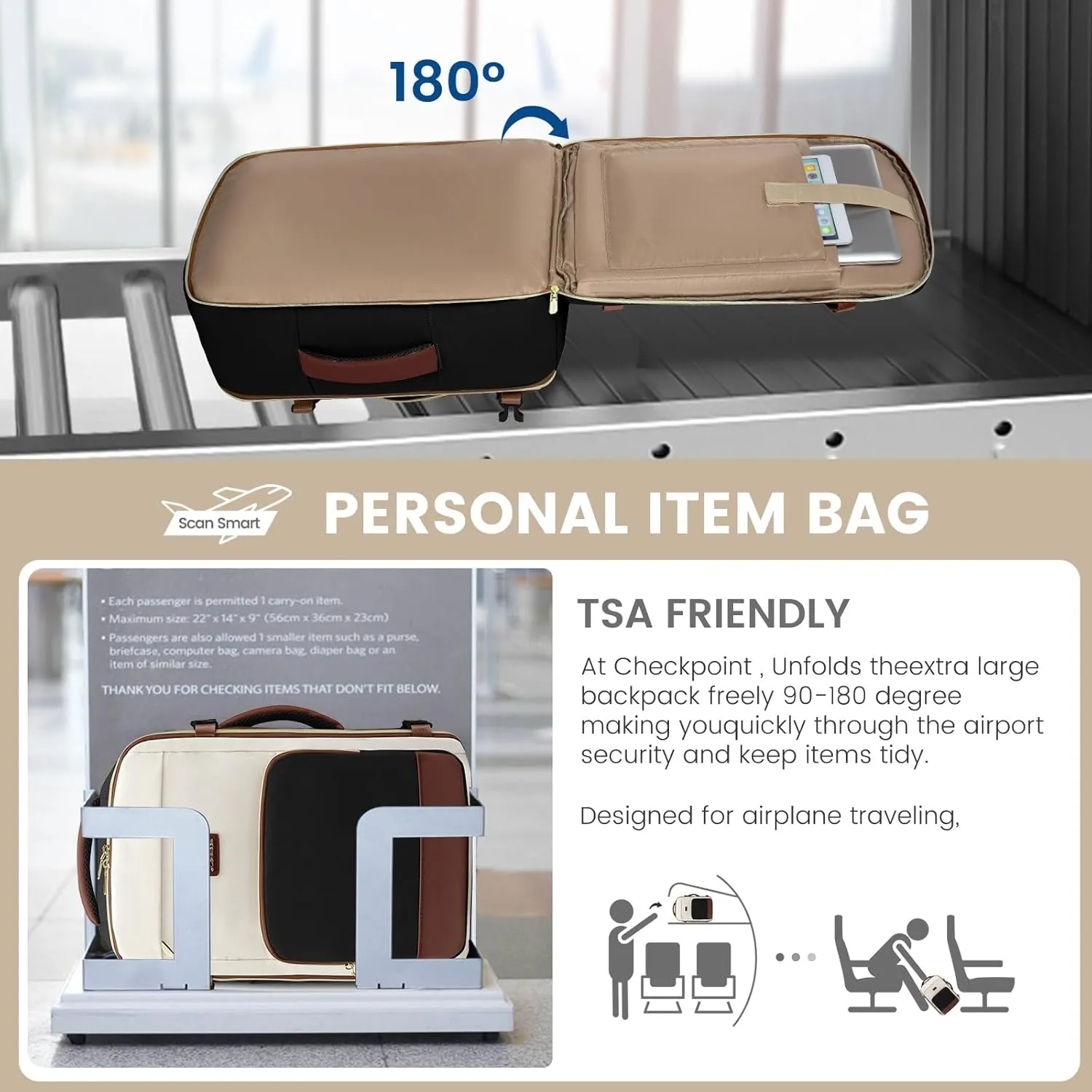 LOVEVOOK Travel Backpack for Women,50L Carry On Backpack Flight Approved,TSA Personal Item Travel Bag Fits 18" Laptop with 3 Packing Cubes,Large Waterproof Weekender Daypack,Beige and black and brown