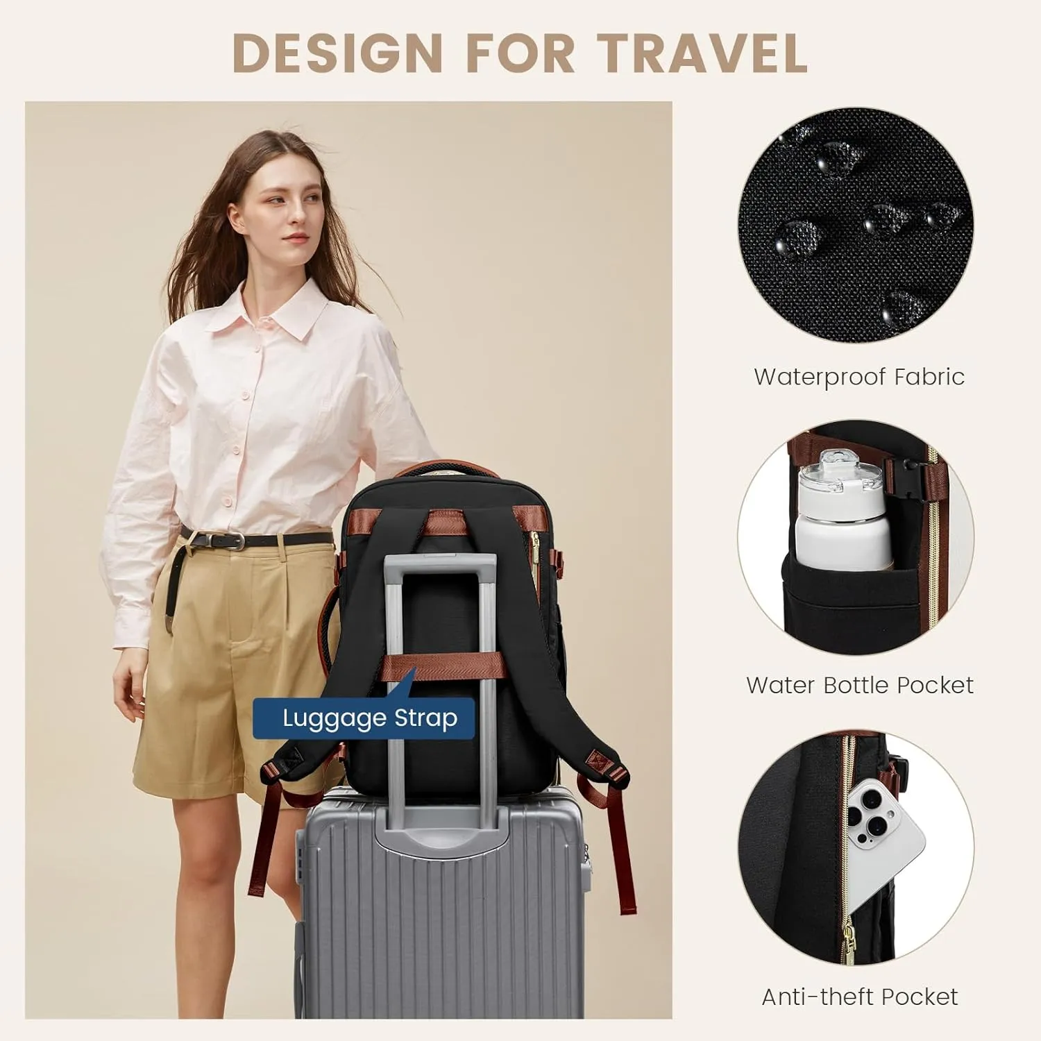 LOVEVOOK Travel Backpack for Women,50L Carry On Backpack Flight Approved,TSA Personal Item Travel Bag Fits 18" Laptop with 3 Packing Cubes,Large Waterproof Weekender Daypack,Beige and black and brown