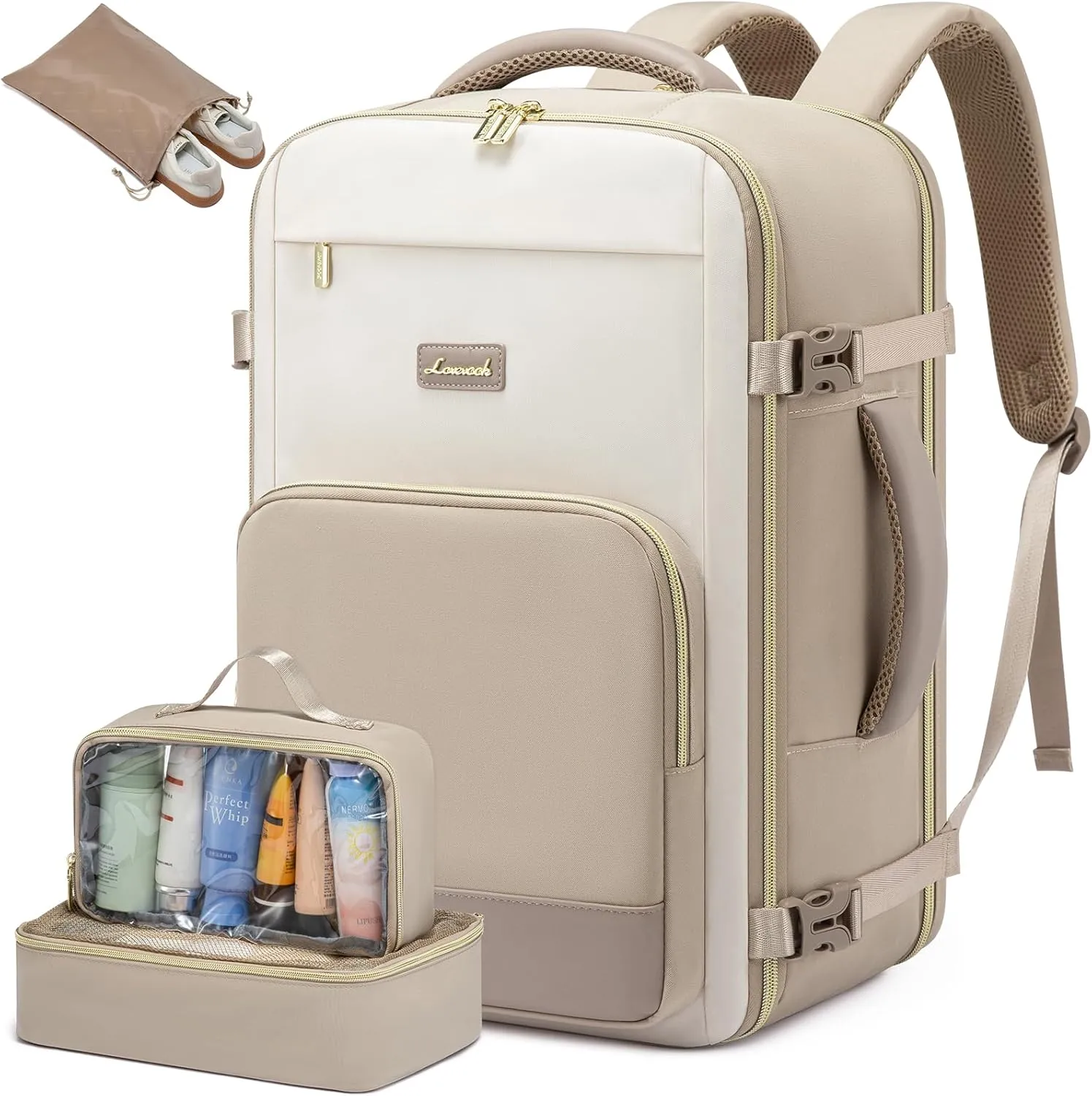 LOVEVOOK Travel Backpack for Women,50L Carry On Backpack Flight Approved,TSA Personal Item Travel Bag Fits 18" Laptop with 3 Packing Cubes,Large Waterproof Weekender Daypack,Beige and khaki
