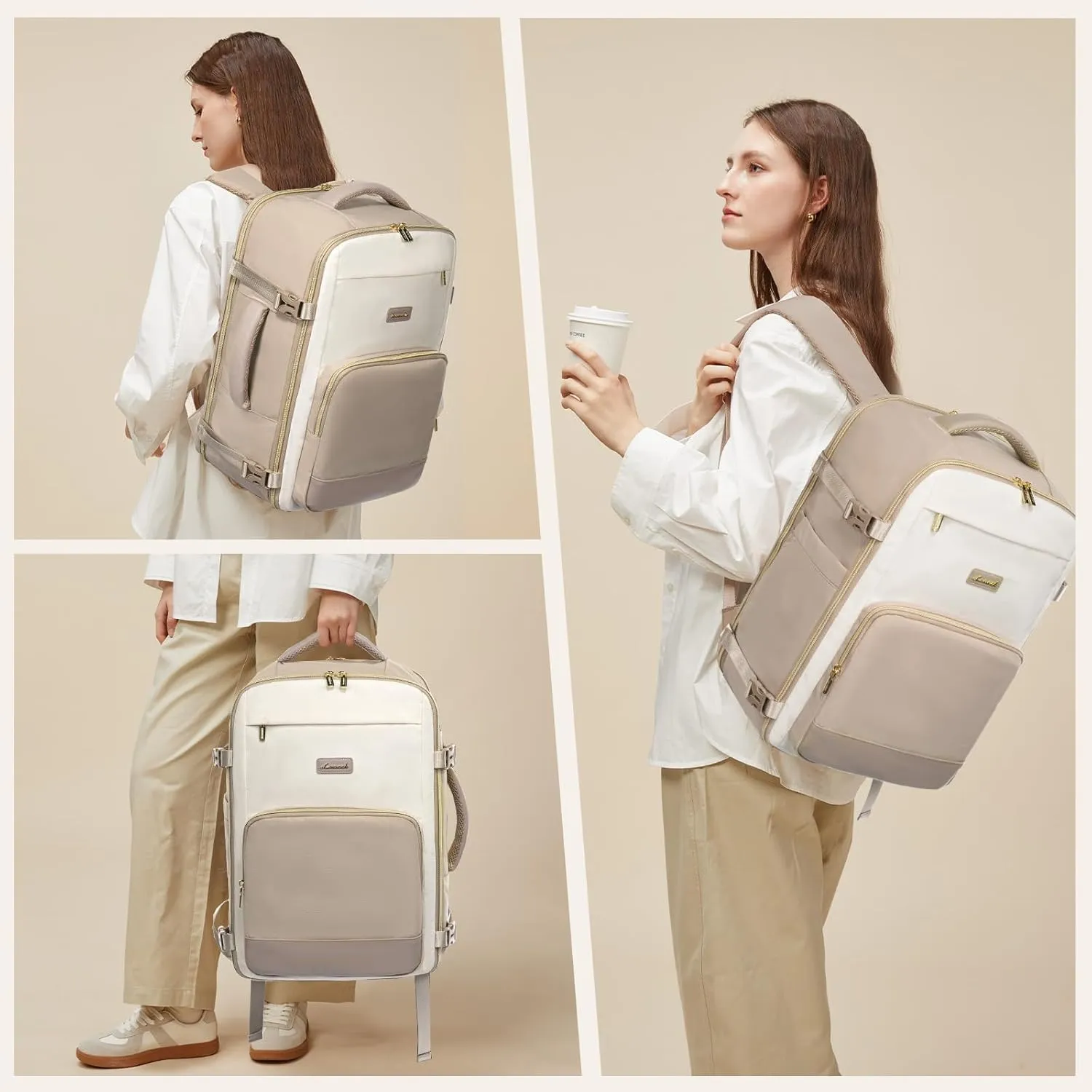 LOVEVOOK Travel Backpack for Women,50L Carry On Backpack Flight Approved,TSA Personal Item Travel Bag Fits 18" Laptop with 3 Packing Cubes,Large Waterproof Weekender Daypack,Beige and khaki