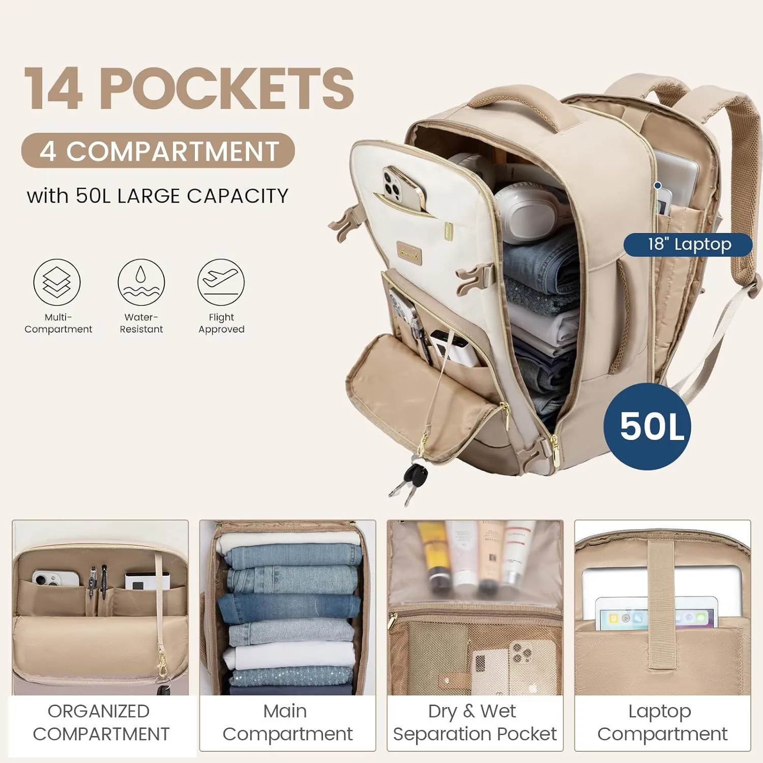 LOVEVOOK Travel Backpack for Women,50L Carry On Backpack Flight Approved,TSA Personal Item Travel Bag Fits 18" Laptop with 3 Packing Cubes,Large Waterproof Weekender Daypack,Beige and khaki