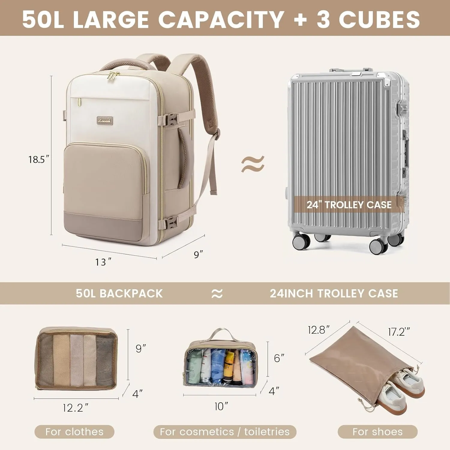 LOVEVOOK Travel Backpack for Women,50L Carry On Backpack Flight Approved,TSA Personal Item Travel Bag Fits 18" Laptop with 3 Packing Cubes,Large Waterproof Weekender Daypack,Beige and khaki