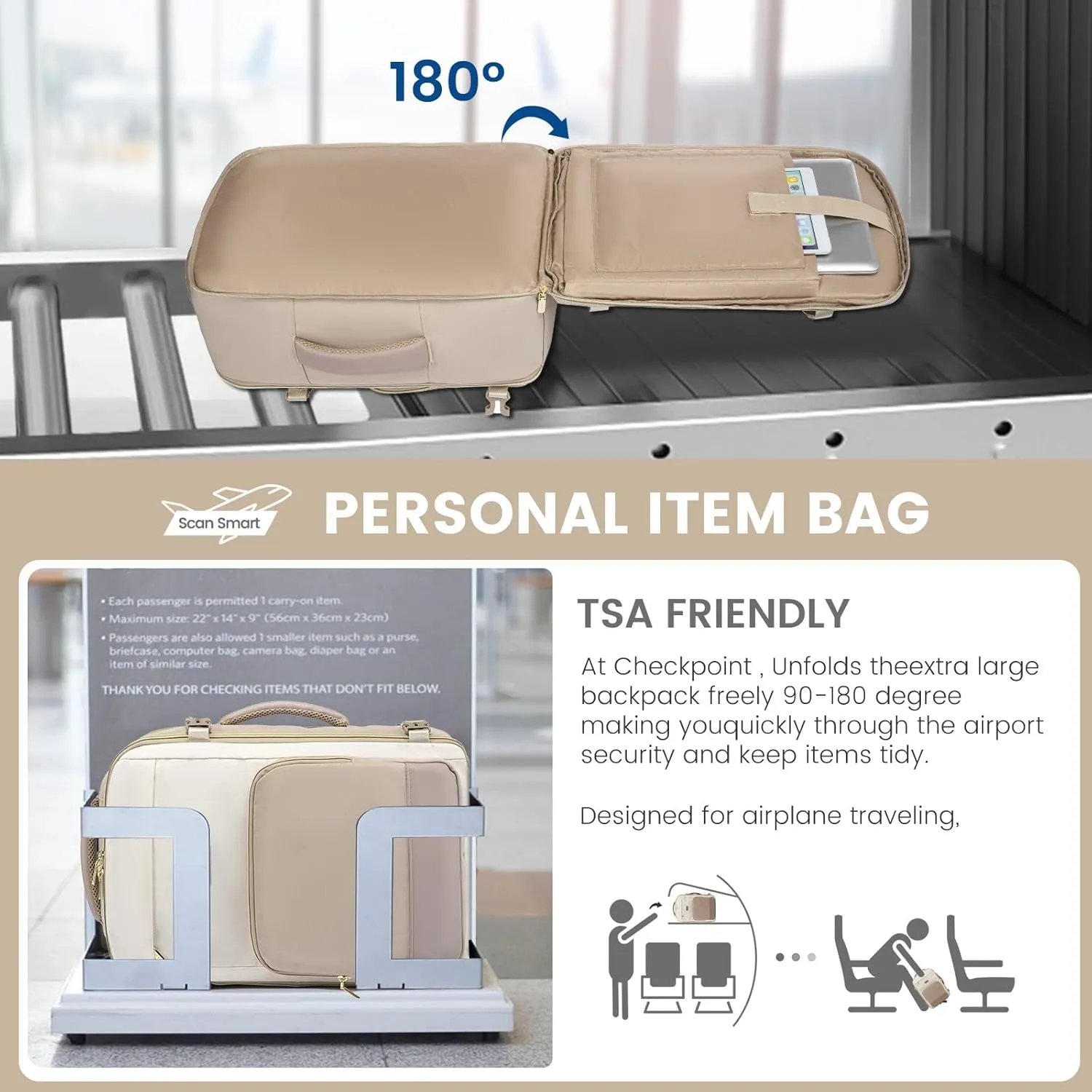LOVEVOOK Travel Backpack for Women,50L Carry On Backpack Flight Approved,TSA Personal Item Travel Bag Fits 18" Laptop with 3 Packing Cubes,Large Waterproof Weekender Daypack,Beige and khaki