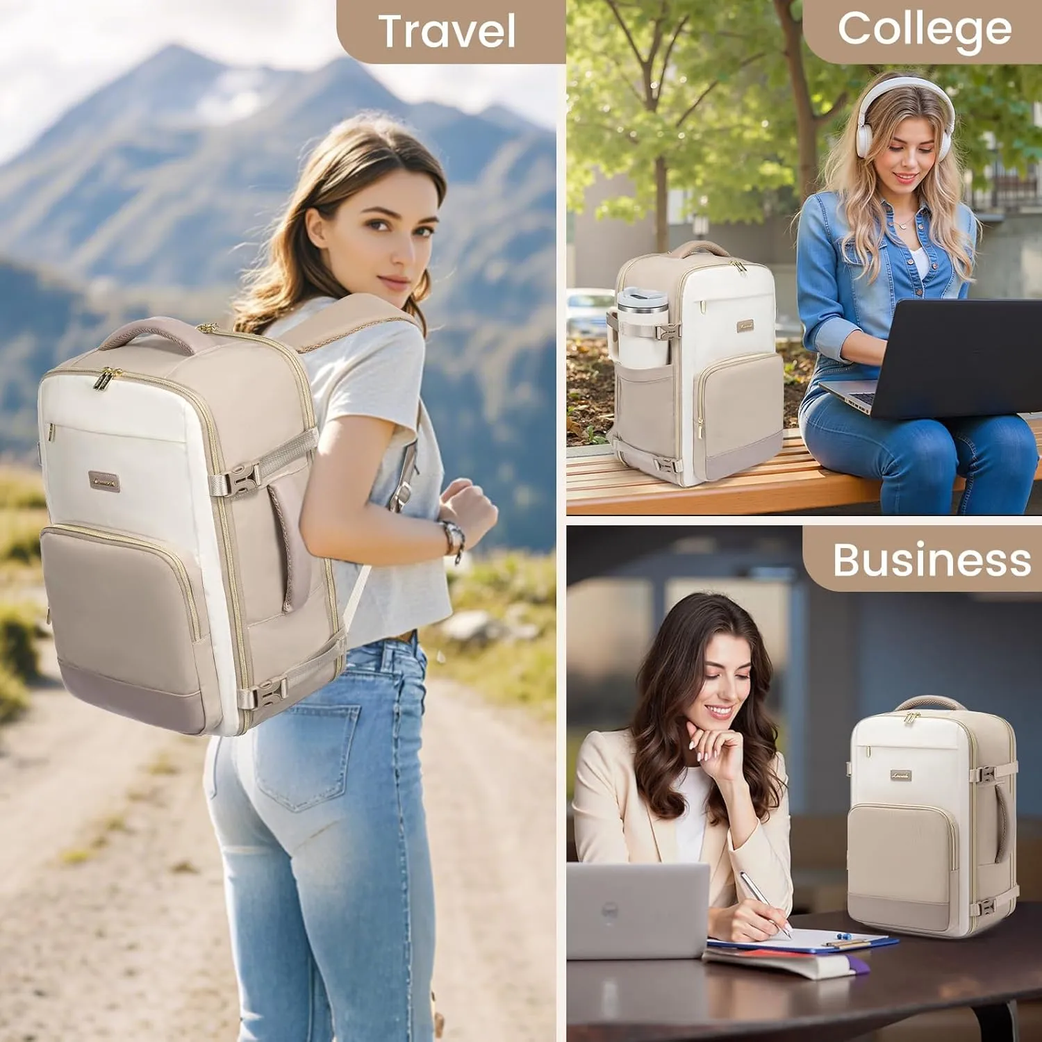 LOVEVOOK Travel Backpack for Women,50L Carry On Backpack Flight Approved,TSA Personal Item Travel Bag Fits 18" Laptop with 3 Packing Cubes,Large Waterproof Weekender Daypack,Beige and khaki