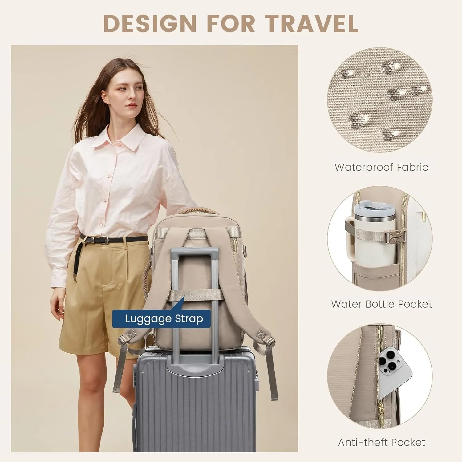 LOVEVOOK Travel Backpack for Women,50L Carry On Backpack Flight Approved,TSA Personal Item Travel Bag Fits 18" Laptop with 3 Packing Cubes,Large Waterproof Weekender Daypack,Beige and khaki
