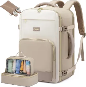 LOVEVOOK Travel Backpack for Women,50L Carry On Backpack Flight Approved,TSA Personal Item Travel Bag Fits 18" Laptop with 3 Packing Cubes,Large Waterproof Weekender Daypack,Beige and khaki