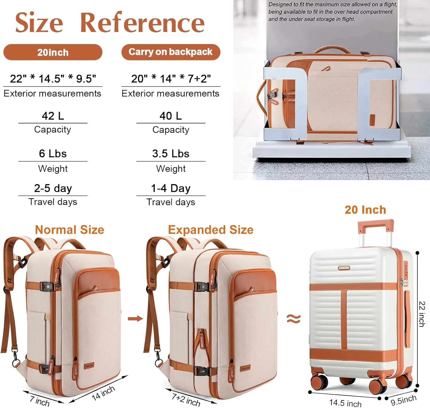 Lumesner Carry on Travel Backpacks, Extra Large 40L Flight Approved for Men & Women,Expandable Suitcase backpack (Beige(20inch luggage sets))