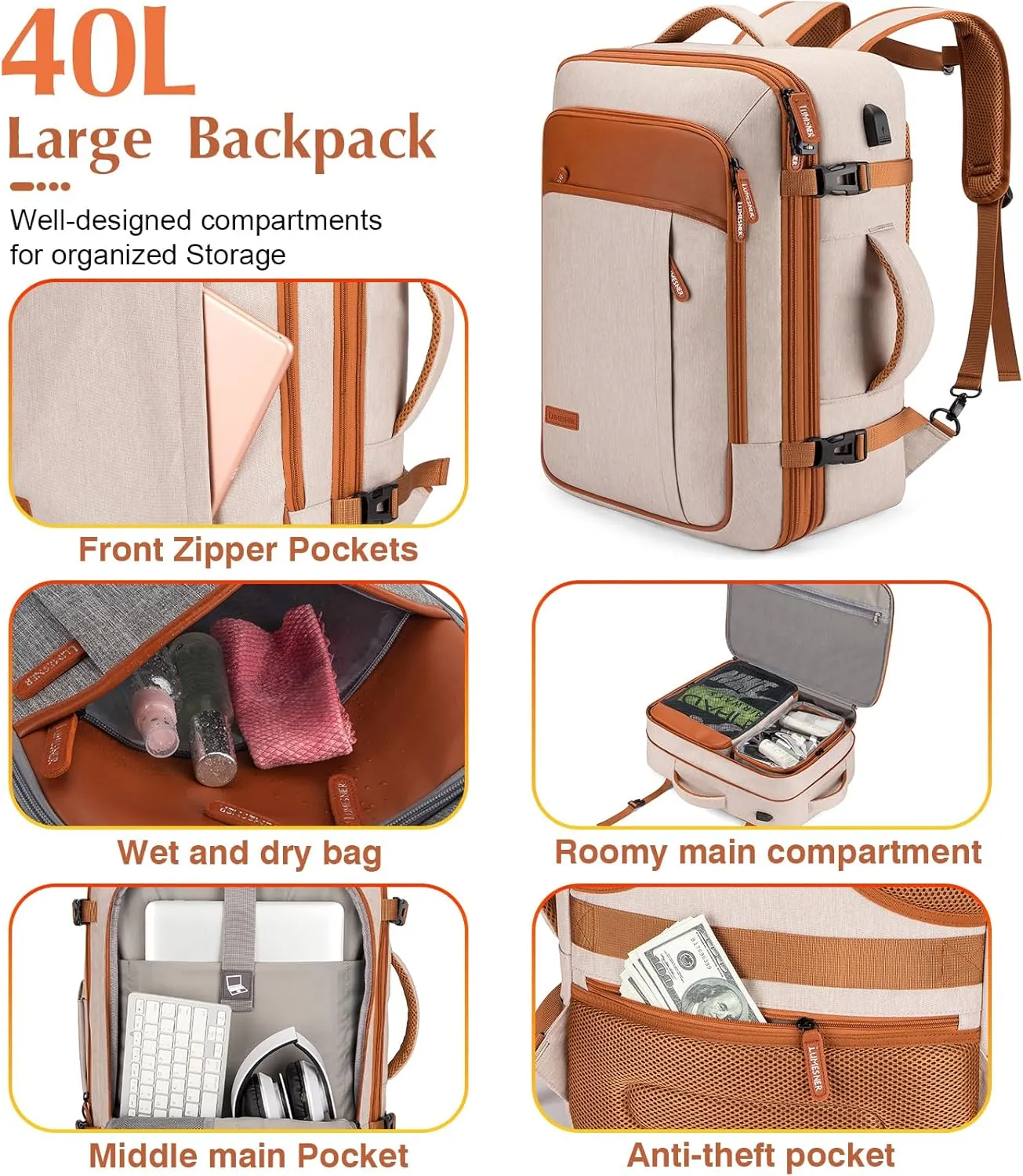 Lumesner Carry on Travel Backpacks, Extra Large 40L Flight Approved for Men & Women,Expandable Suitcase backpack (Beige(20inch luggage sets))