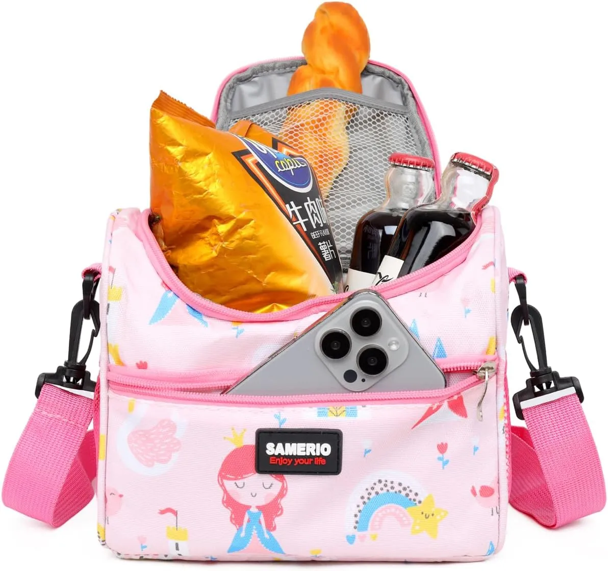 Lunch Bag for Kids Cooler Lunch Box for Children Student Girls Boys Small insulated Bento Bags for School Picnic with Detachable Strap Two Side Mesh Pockets
