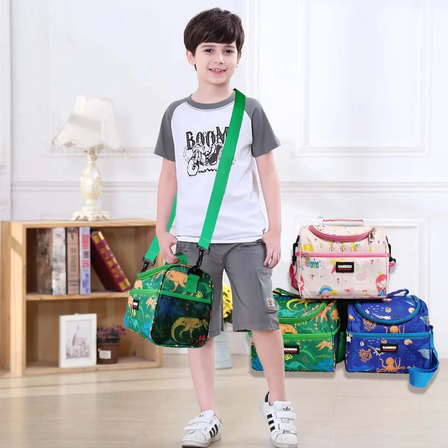 Lunch Bag for Kids Cooler Lunch Box for Children Student Girls Boys Small insulated Bento Bags for School Picnic with Detachable Strap Two Side Mesh Pockets