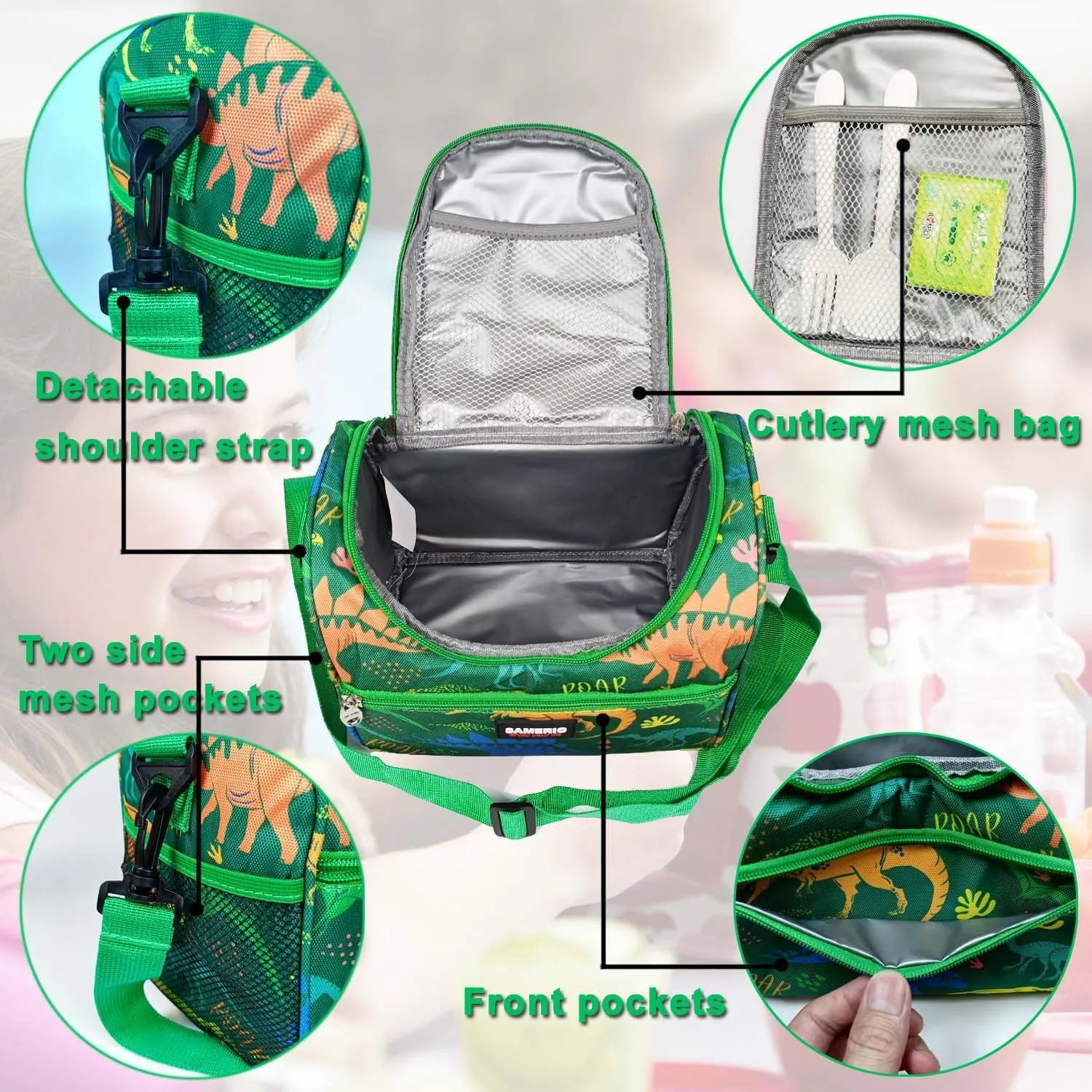 Lunch Bag for Kids Cooler Lunch Box for Children Student Girls Boys Small insulated Bento Bags for School Picnic with Detachable Strap Two Side Mesh Pockets