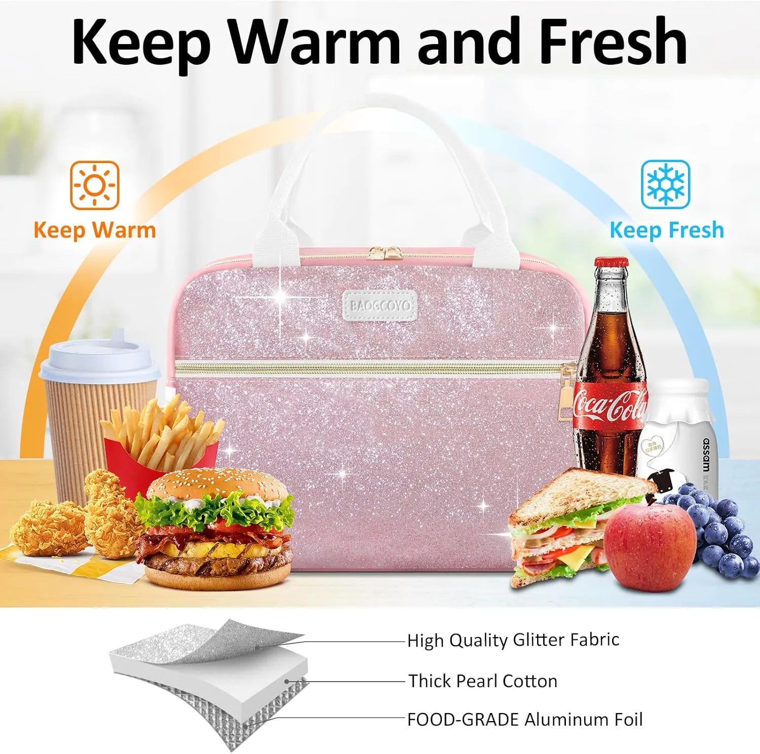 Lunch Bag For Women, Leakproof Glitter Lunch Box, Cute Lunch Tote Bag Adult, Large Capacity Insulated Reusable Cooler Lunch Containers for Work Travel Picnic or Office (Pink Bling Sparkle)