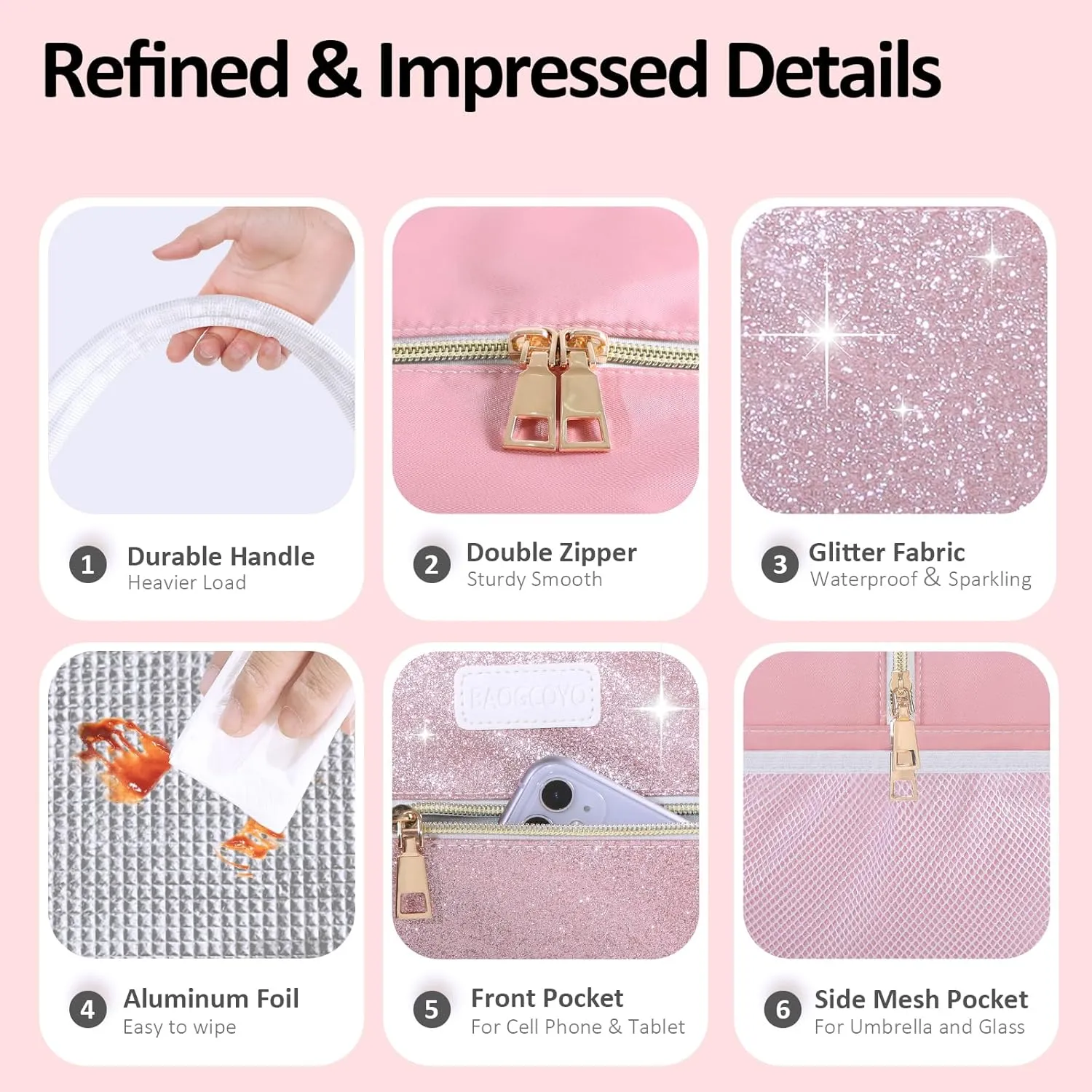 Lunch Bag For Women, Leakproof Glitter Lunch Box, Cute Lunch Tote Bag Adult, Large Capacity Insulated Reusable Cooler Lunch Containers for Work Travel Picnic or Office (Pink Bling Sparkle)