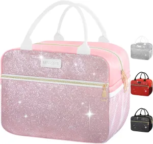 Lunch Bag For Women, Leakproof Glitter Lunch Box, Cute Lunch Tote Bag Adult, Large Capacity Insulated Reusable Cooler Lunch Containers for Work Travel Picnic or Office (Pink Bling Sparkle)