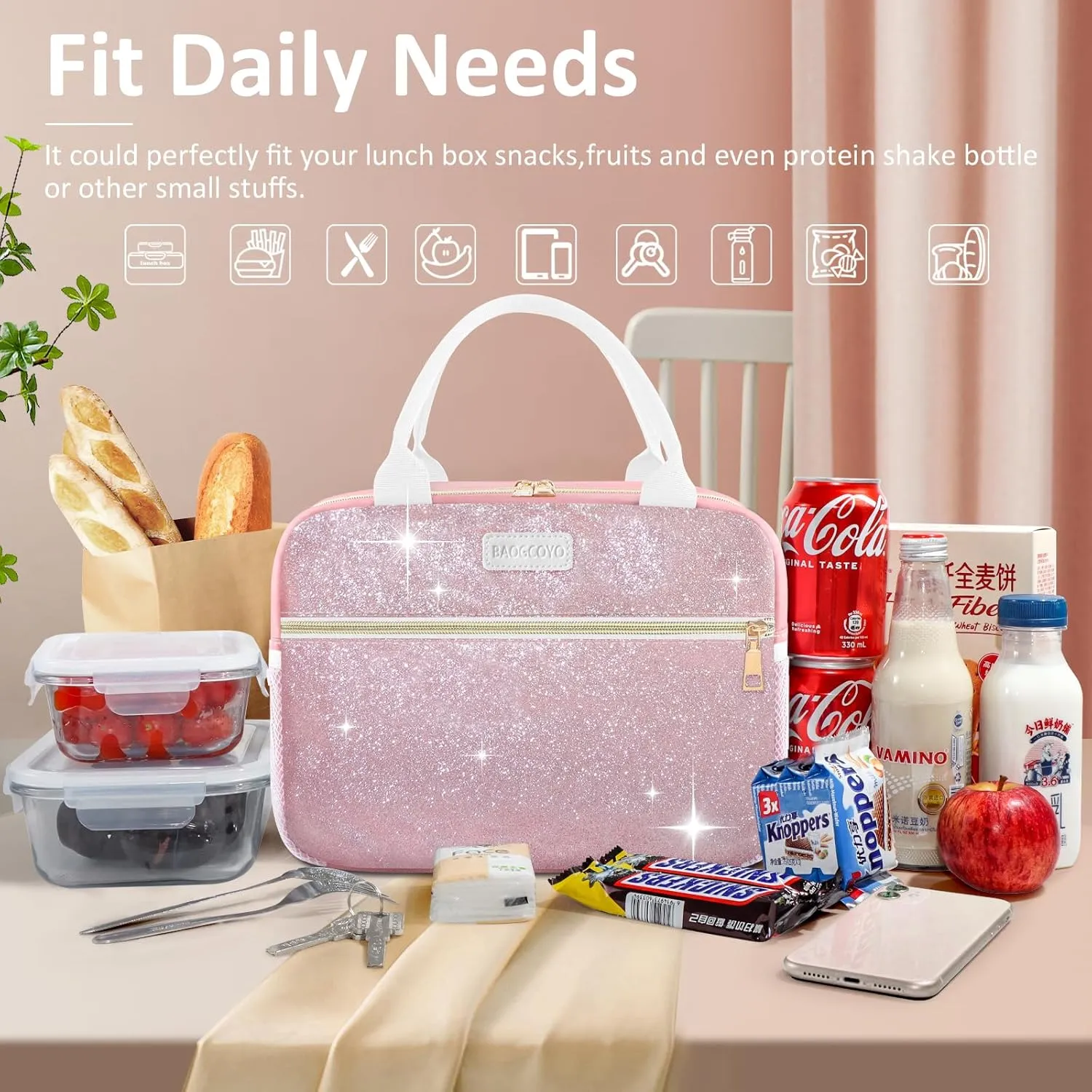 Lunch Bag For Women, Leakproof Glitter Lunch Box, Cute Lunch Tote Bag Adult, Large Capacity Insulated Reusable Cooler Lunch Containers for Work Travel Picnic or Office (Pink Bling Sparkle)