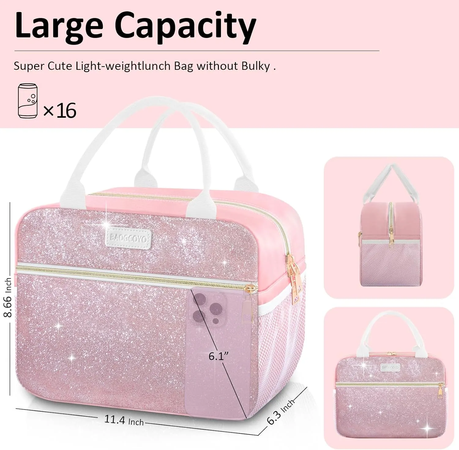 Lunch Bag For Women, Leakproof Glitter Lunch Box, Cute Lunch Tote Bag Adult, Large Capacity Insulated Reusable Cooler Lunch Containers for Work Travel Picnic or Office (Pink Bling Sparkle)