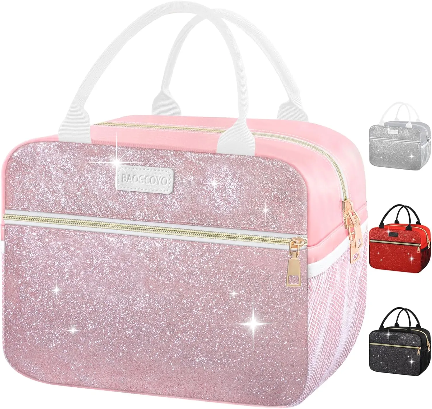 Lunch Bag For Women, Leakproof Glitter Lunch Box, Cute Lunch Tote Bag Adult, Large Capacity Insulated Reusable Cooler Lunch Containers for Work Travel Picnic or Office (Pink Bling Sparkle)