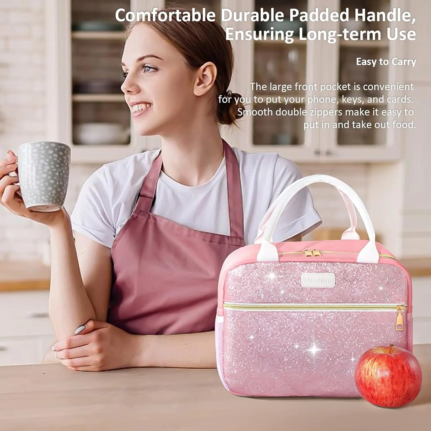 Lunch Bag For Women, Leakproof Glitter Lunch Box, Cute Lunch Tote Bag Adult, Large Capacity Insulated Reusable Cooler Lunch Containers for Work Travel Picnic or Office (Pink Bling Sparkle)