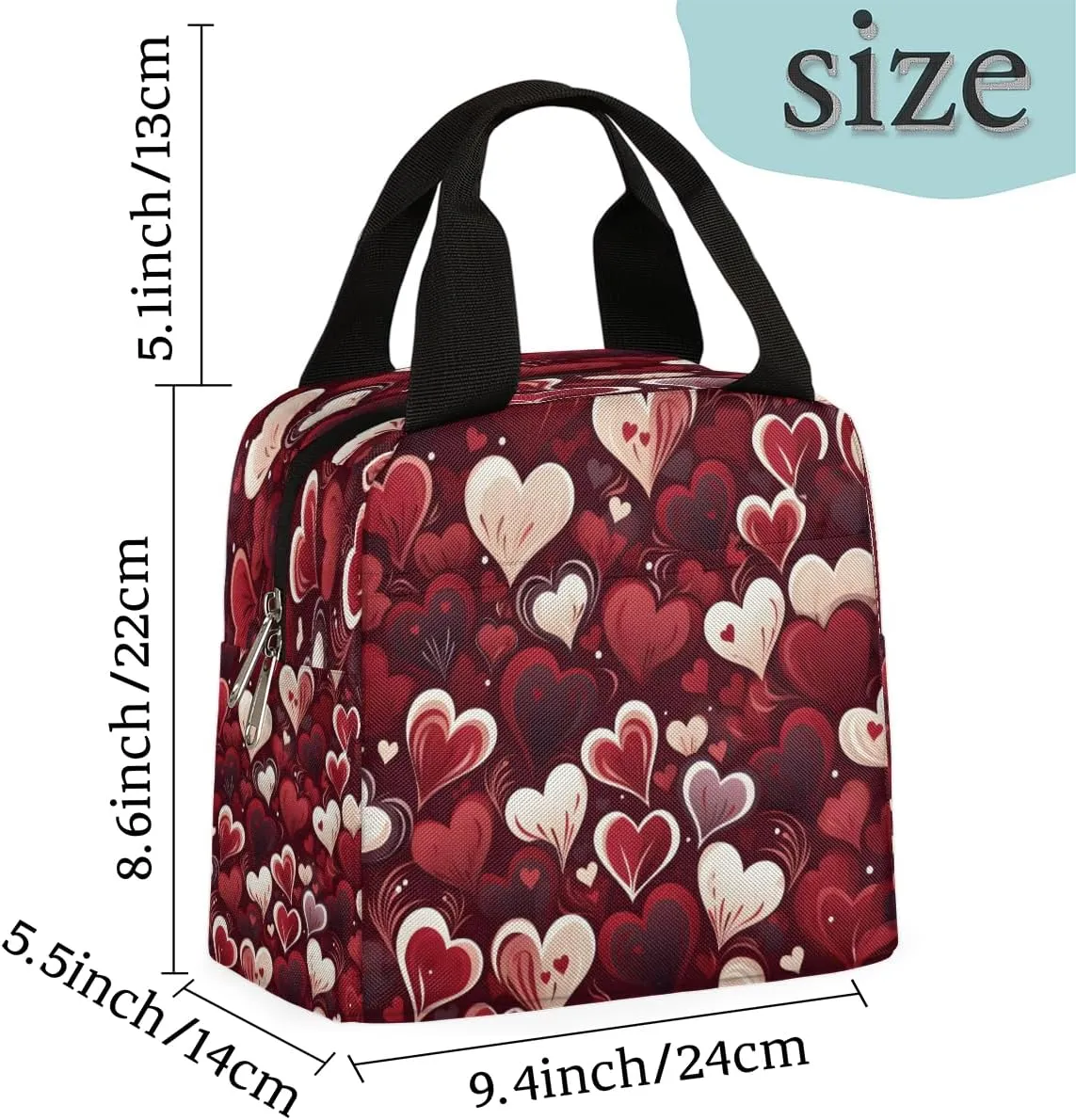 Lunch Bag for Women Men Heart Love Valentine's Day Insulated Reusable Lunch Tote Leakproof Lunch Bags Food Handbag Lunch Tote Box for Work Picnic Travel