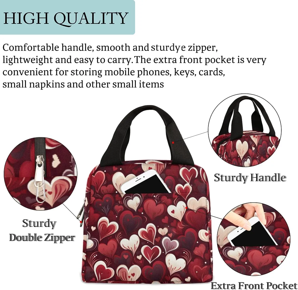 Lunch Bag for Women Men Heart Love Valentine's Day Insulated Reusable Lunch Tote Leakproof Lunch Bags Food Handbag Lunch Tote Box for Work Picnic Travel