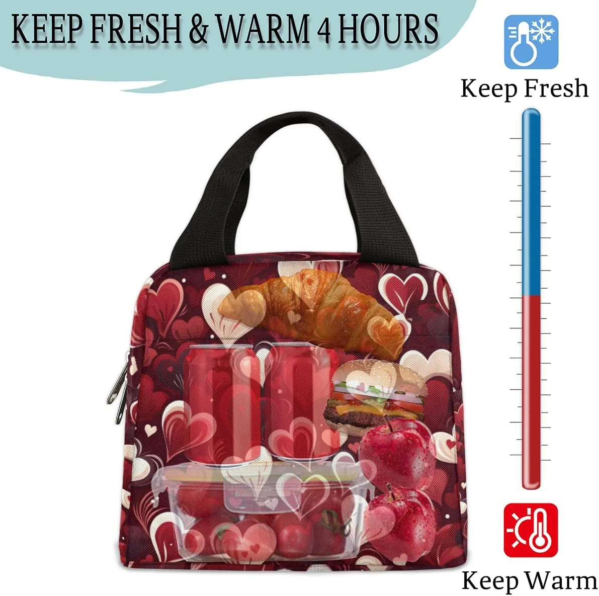 Lunch Bag for Women Men Heart Love Valentine's Day Insulated Reusable Lunch Tote Leakproof Lunch Bags Food Handbag Lunch Tote Box for Work Picnic Travel