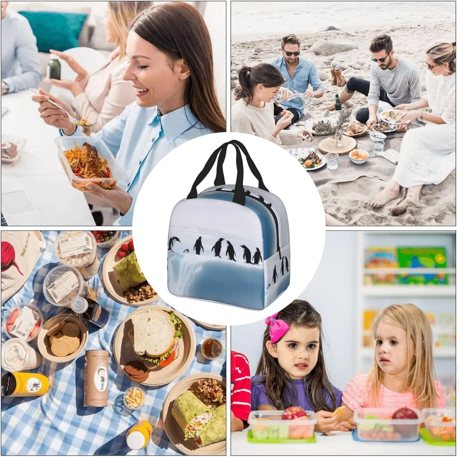 Lunch Bag for Women Men Penguins on the Iceberg LunchBox Portable Insulated Lunch Box Reusable Tote Bags for Work