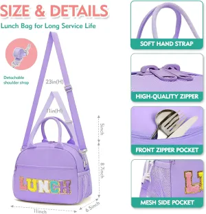 Lunch Bag For Women, Preppy Lunch Box For Girl, Large Insulated Lunch Bag With Adjustable Shoulder Strap, Reusable Lunch Tote Bag With Chenille Letter For Work School Picnic, Purple