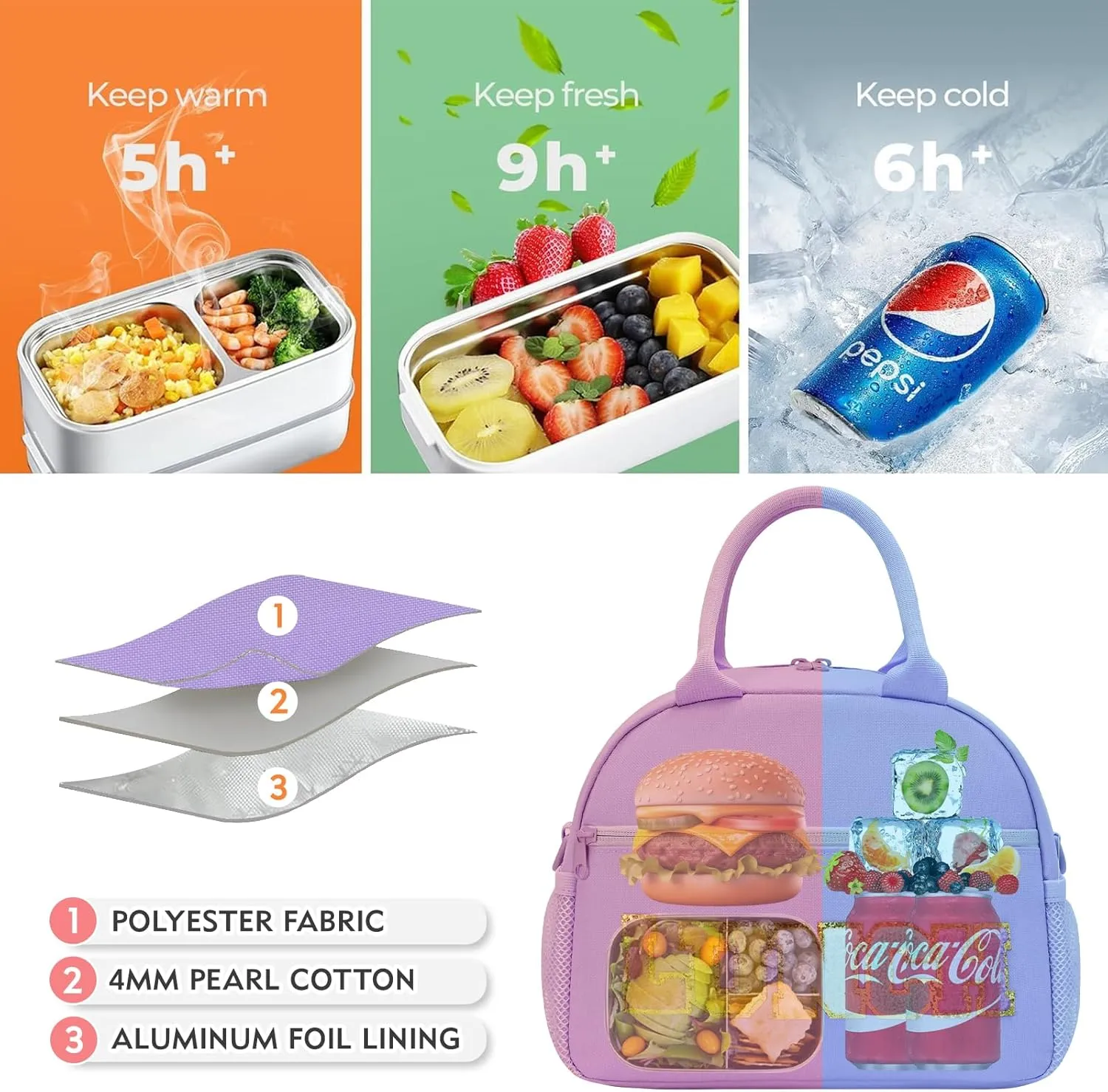 Lunch Bag For Women, Preppy Lunch Box For Girl, Large Insulated Lunch Bag With Adjustable Shoulder Strap, Reusable Lunch Tote Bag With Chenille Letter For Work School Picnic, Purple