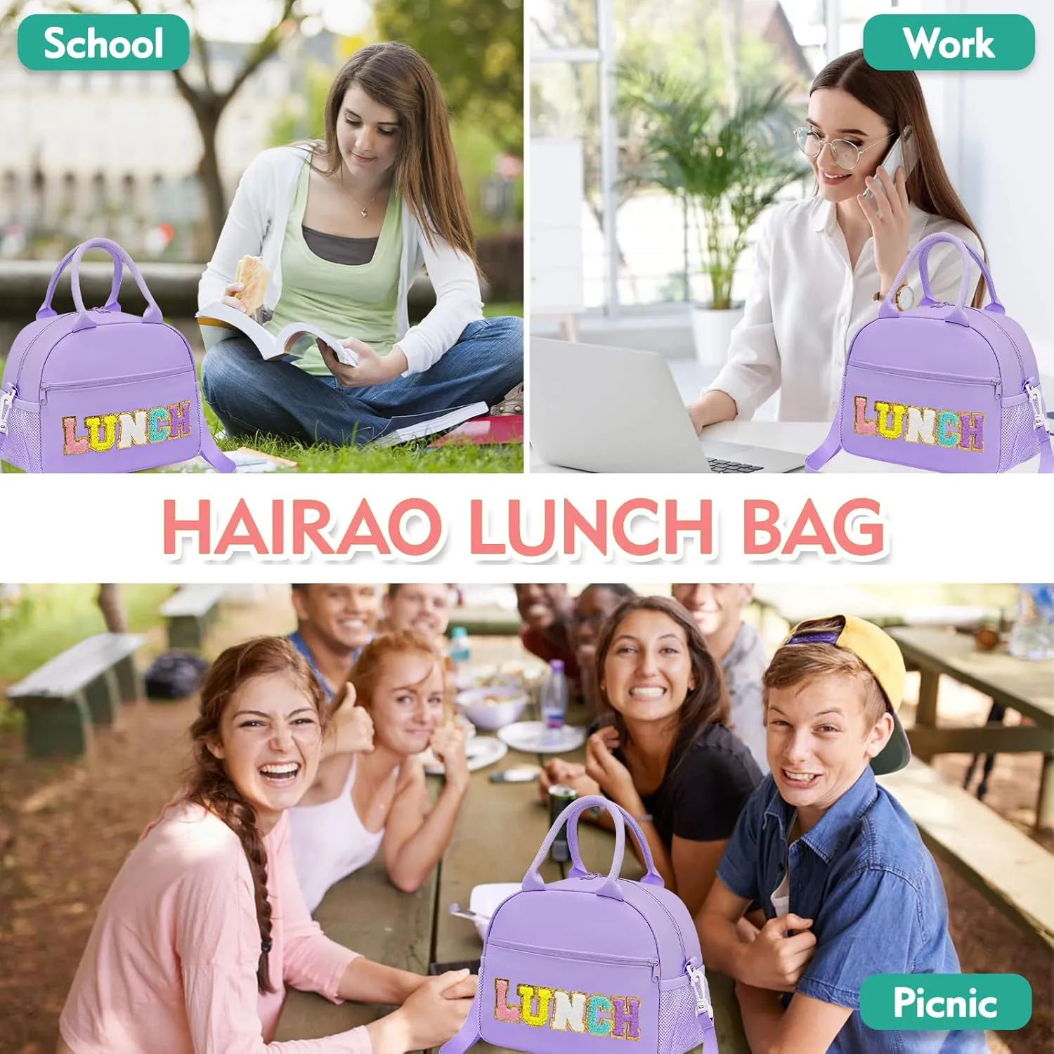 Lunch Bag For Women, Preppy Lunch Box For Girl, Large Insulated Lunch Bag With Adjustable Shoulder Strap, Reusable Lunch Tote Bag With Chenille Letter For Work School Picnic, Purple