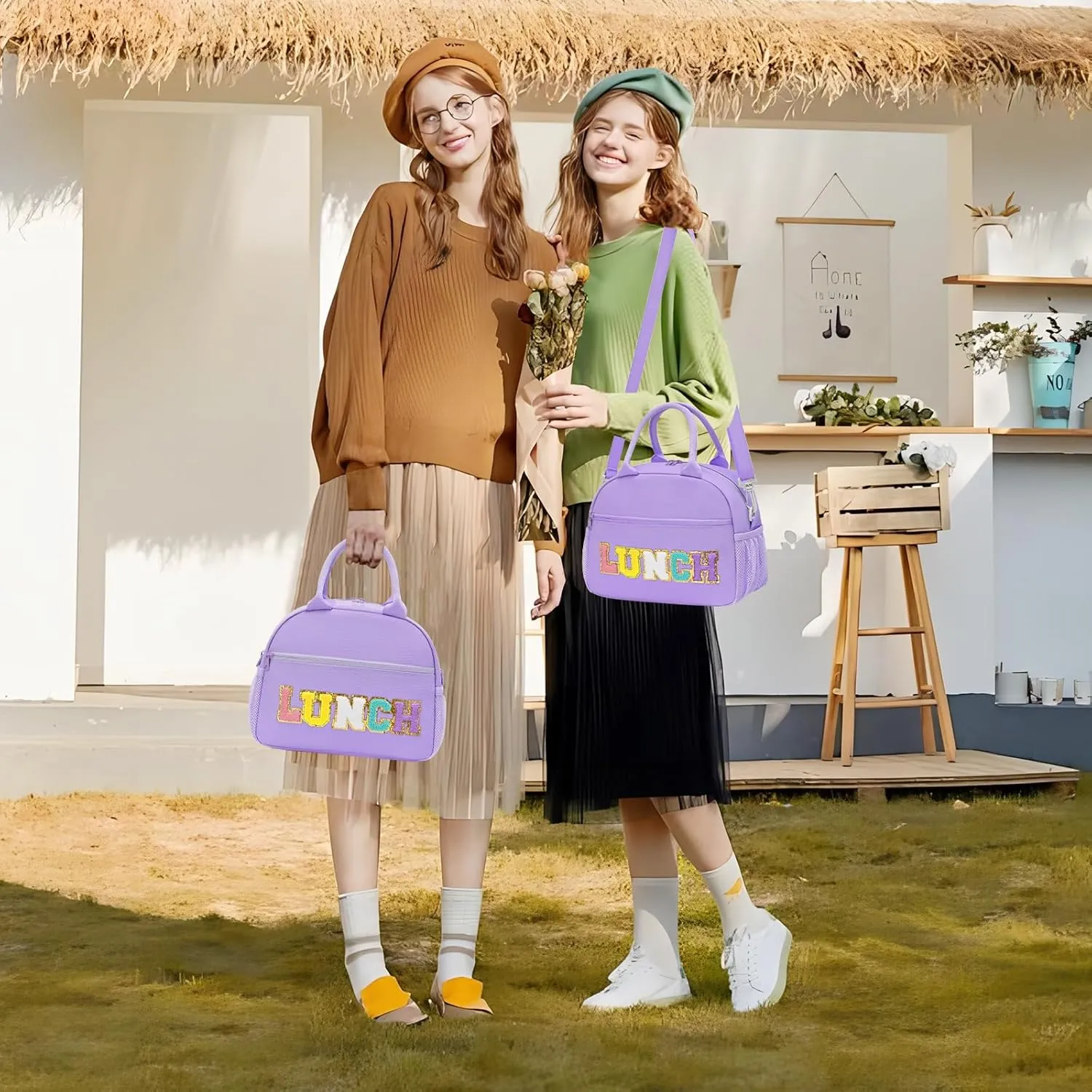Lunch Bag For Women, Preppy Lunch Box For Girl, Large Insulated Lunch Bag With Adjustable Shoulder Strap, Reusable Lunch Tote Bag With Chenille Letter For Work School Picnic, Purple