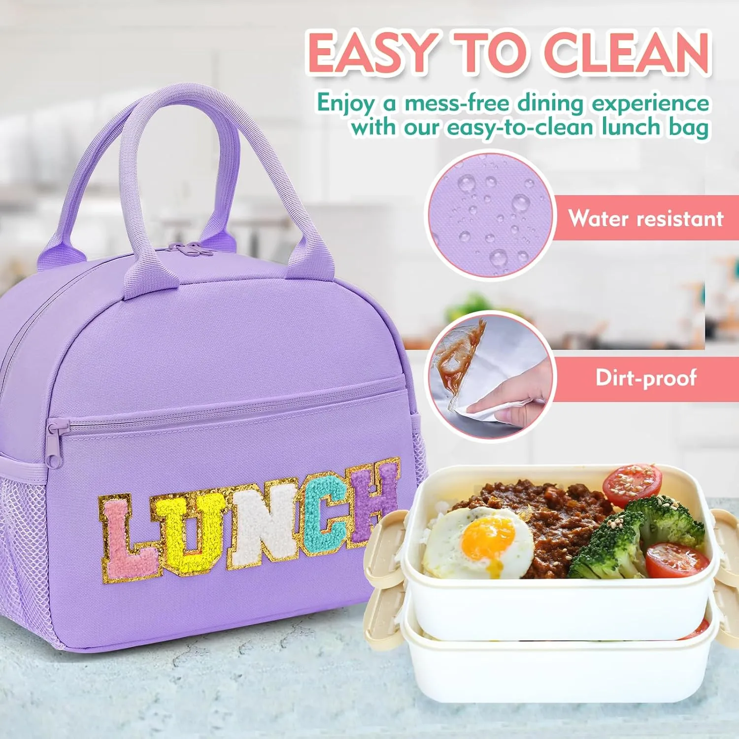 Lunch Bag For Women, Preppy Lunch Box For Girl, Large Insulated Lunch Bag With Adjustable Shoulder Strap, Reusable Lunch Tote Bag With Chenille Letter For Work School Picnic, Purple
