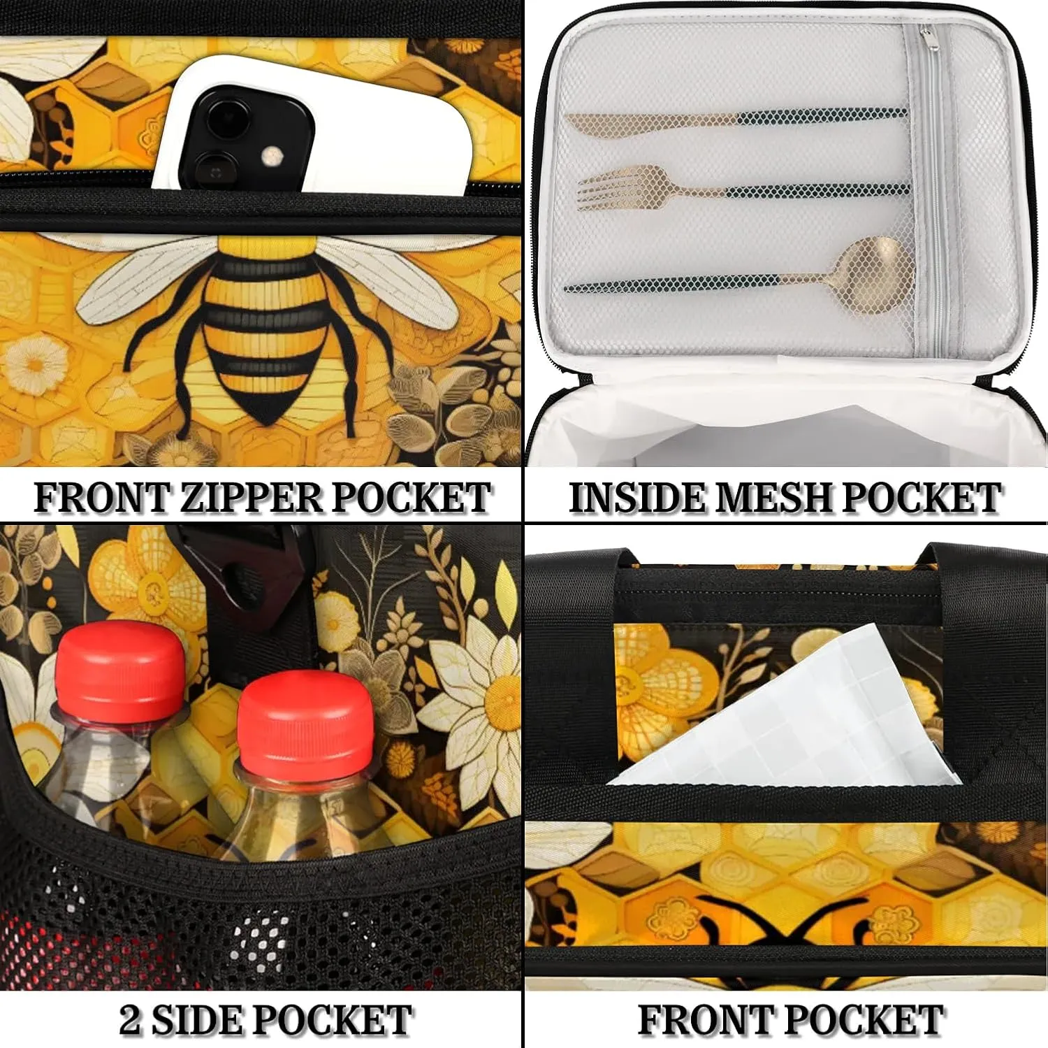 Lunch Box for Men Heavy Duty Insulated Lunch Bag for Women Honey Bee Lunchbox for Adults Lunch Cooler Bag for Work, Picnic, Beach Lunch Boxes with Adjustable Shoulder Strap