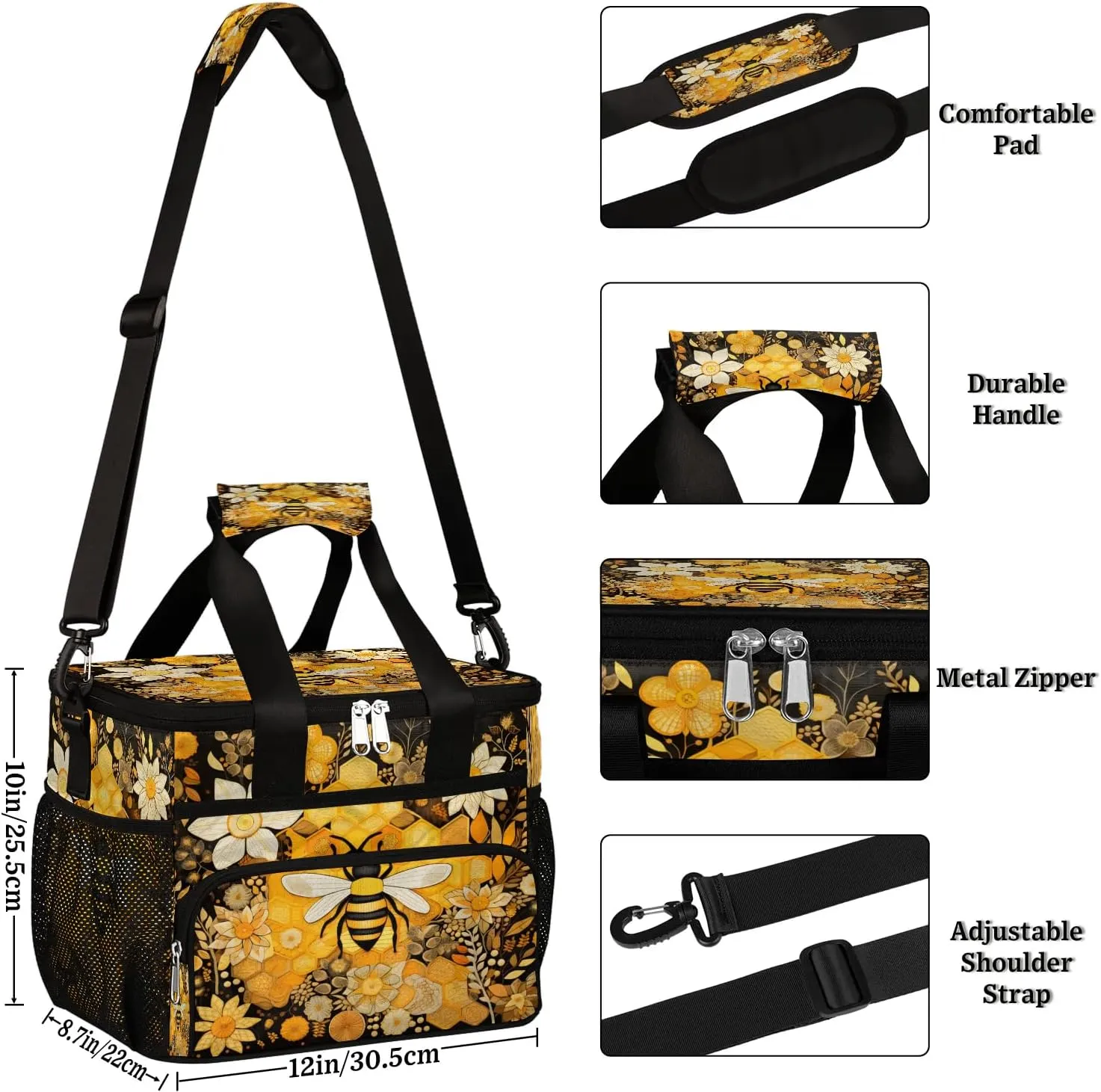 Lunch Box for Men Heavy Duty Insulated Lunch Bag for Women Honey Bee Lunchbox for Adults Lunch Cooler Bag for Work, Picnic, Beach Lunch Boxes with Adjustable Shoulder Strap