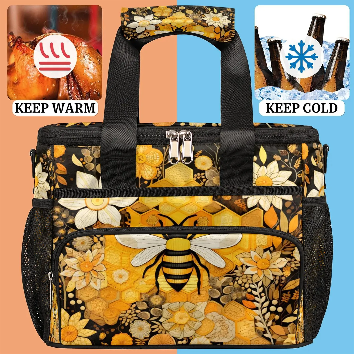Lunch Box for Men Heavy Duty Insulated Lunch Bag for Women Honey Bee Lunchbox for Adults Lunch Cooler Bag for Work, Picnic, Beach Lunch Boxes with Adjustable Shoulder Strap