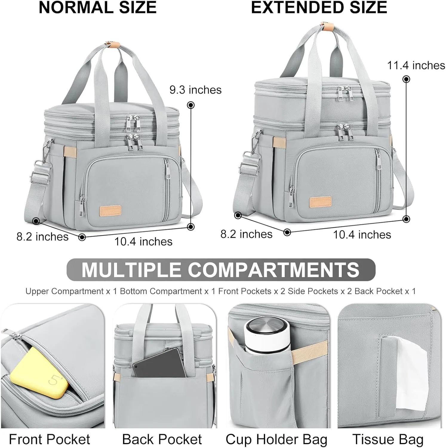 Lunch Box for Men Women - Double Deck Insulated Lunch Bag, Large Leak Proof Tote Cooler, Wide Open Dual Compartment Lunch Bags with Shoulder Strap, For Work Picnic Hiking Beach, Grey