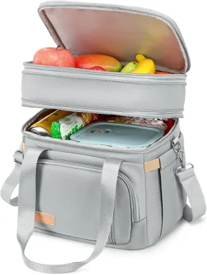 Lunch Box for Men Women - Double Deck Insulated Lunch Bag, Large Leak Proof Tote Cooler, Wide Open Dual Compartment Lunch Bags with Shoulder Strap, For Work Picnic Hiking Beach, Grey